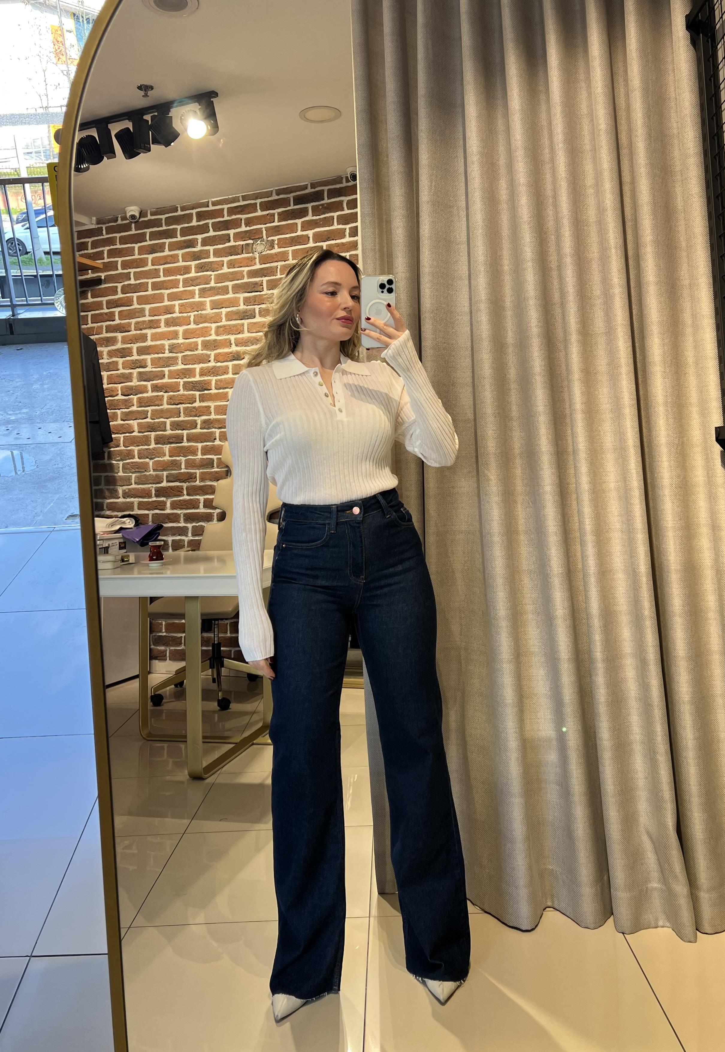 Koyu Mavi Push Uplı İspanyol Paça Jean Pantolon