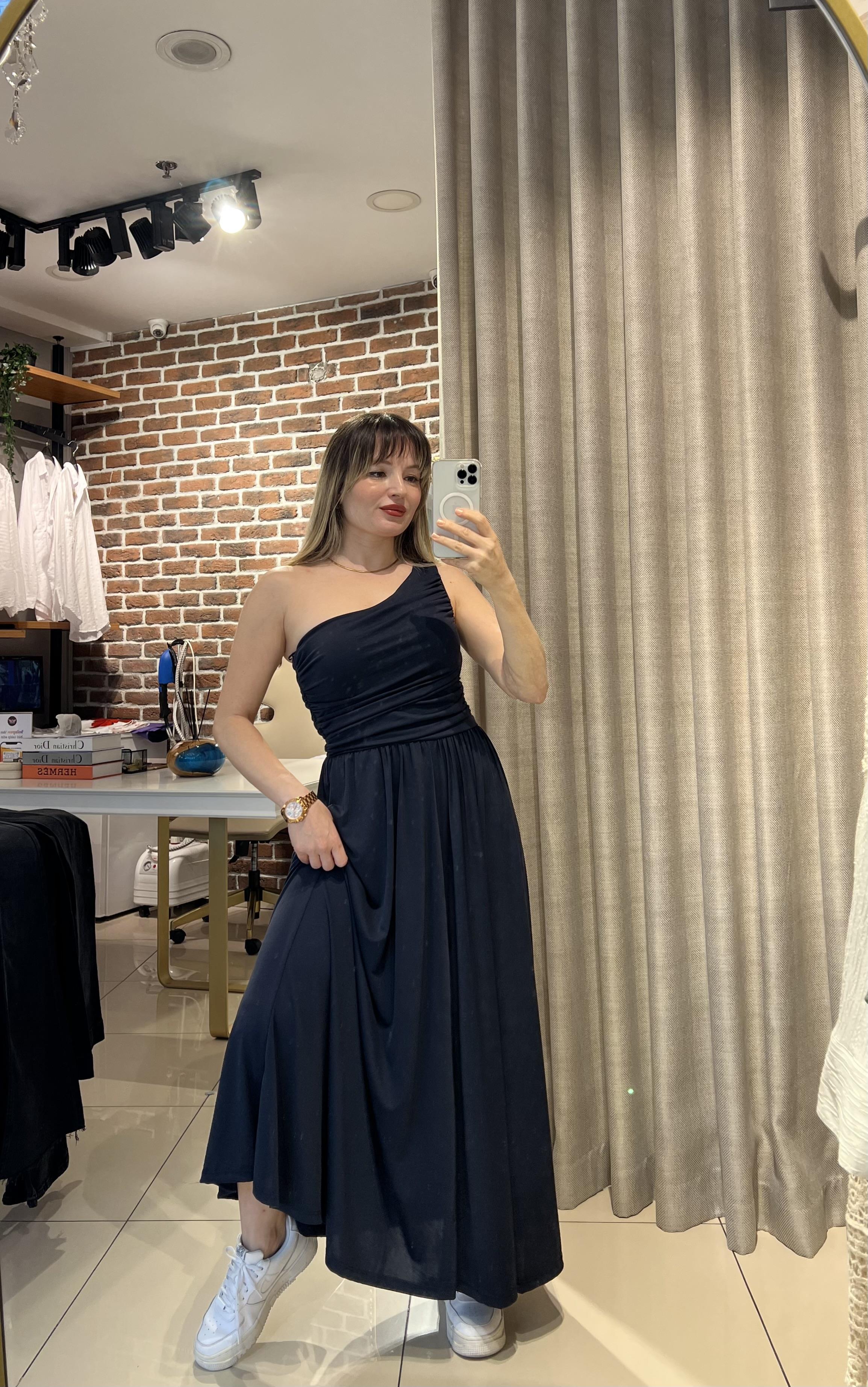 Lacivert Tek Omuz Maksi Boy Örme Elbise