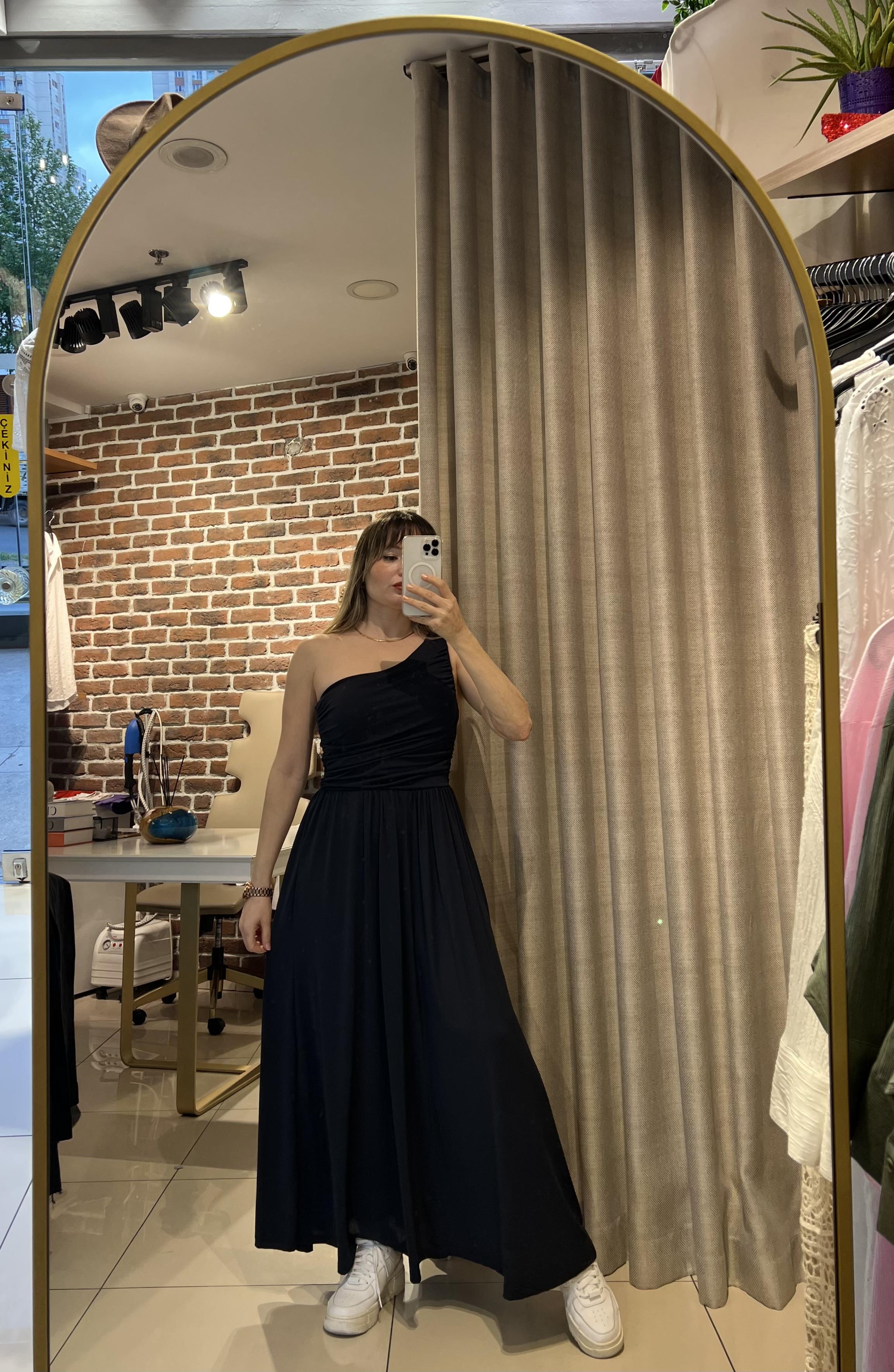 Lacivert Tek Omuz Maksi Boy Örme Elbise