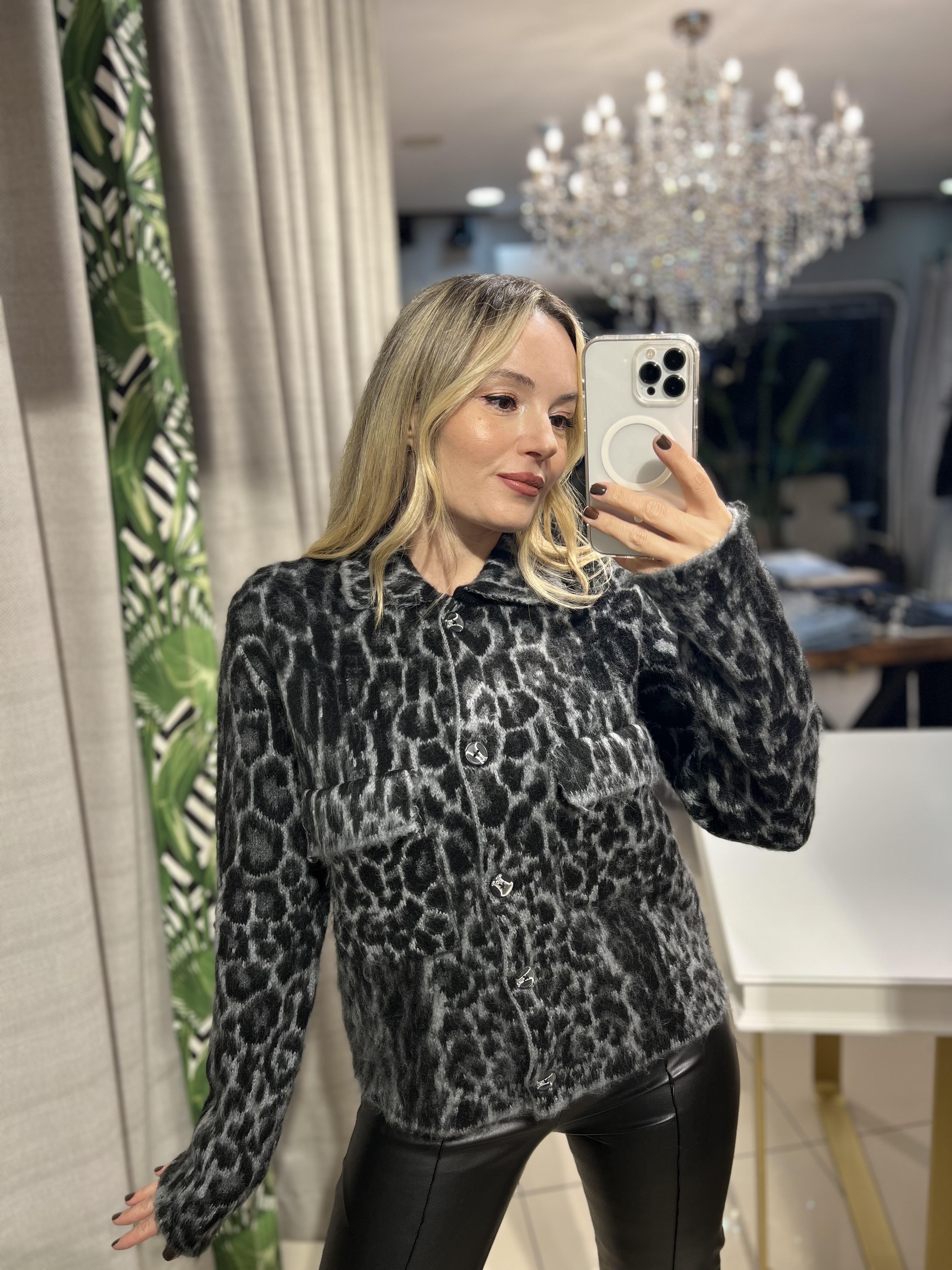 Leopar Desen Jakarlı Hırka