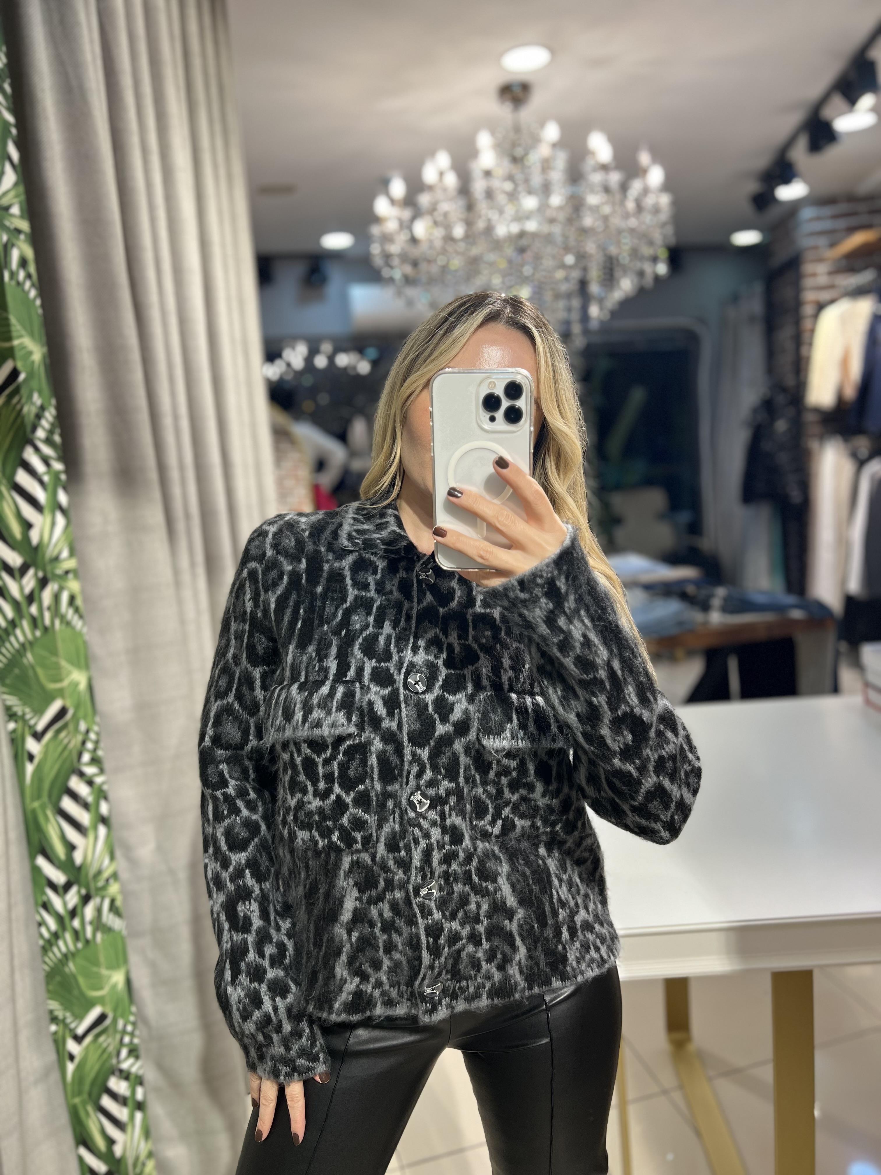 Leopar Desen Jakarlı Hırka