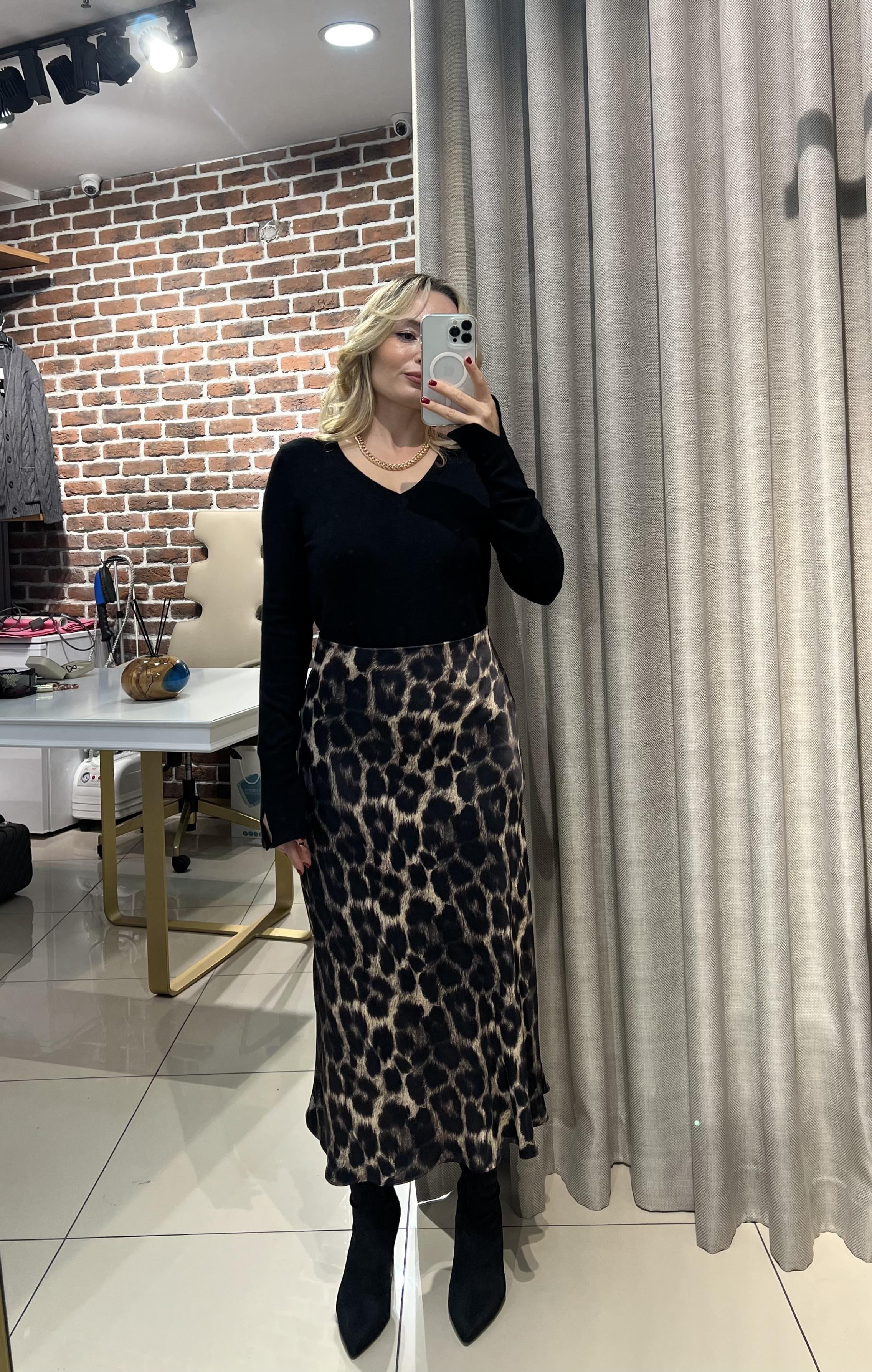 Leopar Desen Saten Midi Etek