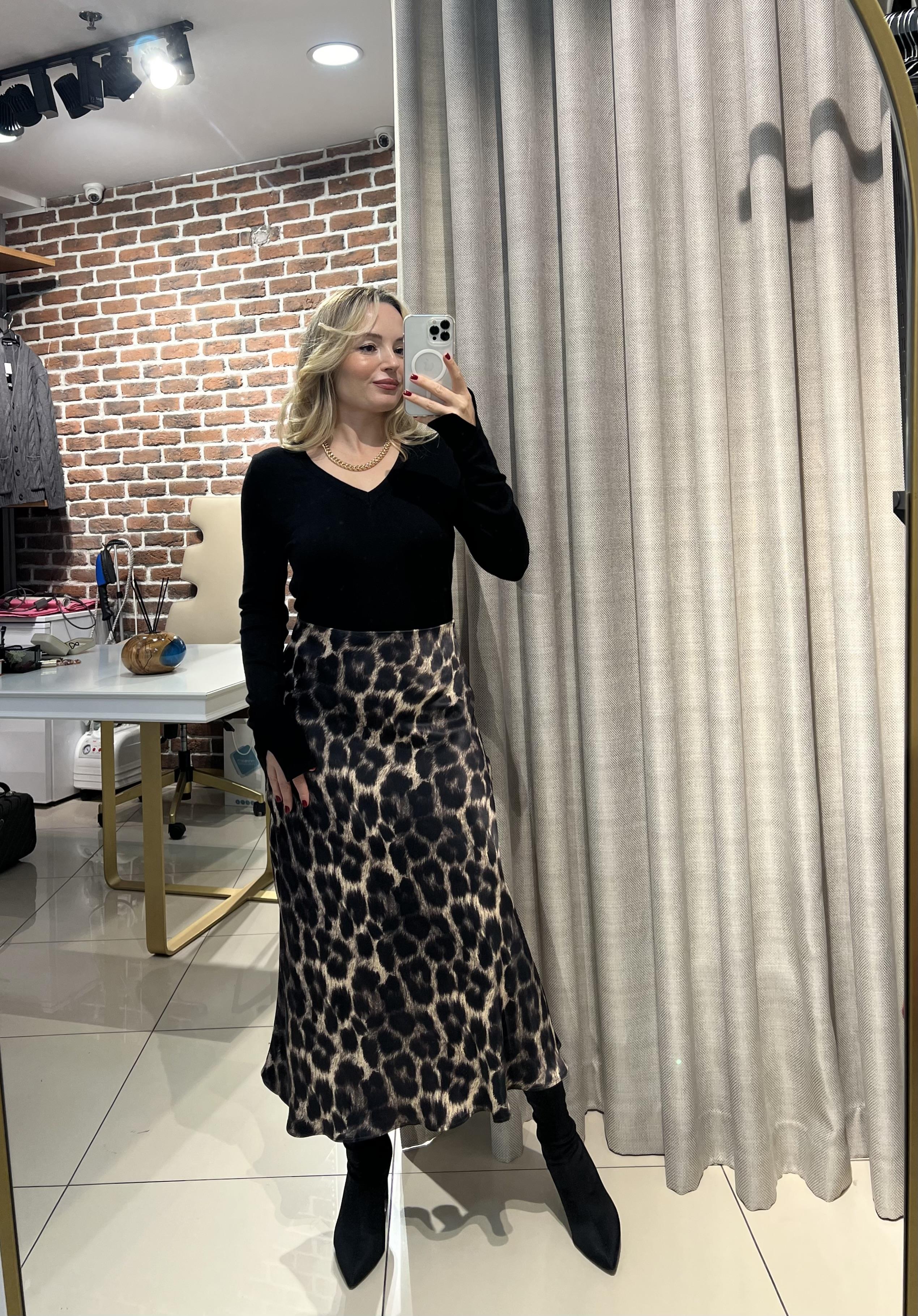 Leopar Desen Saten Midi Etek