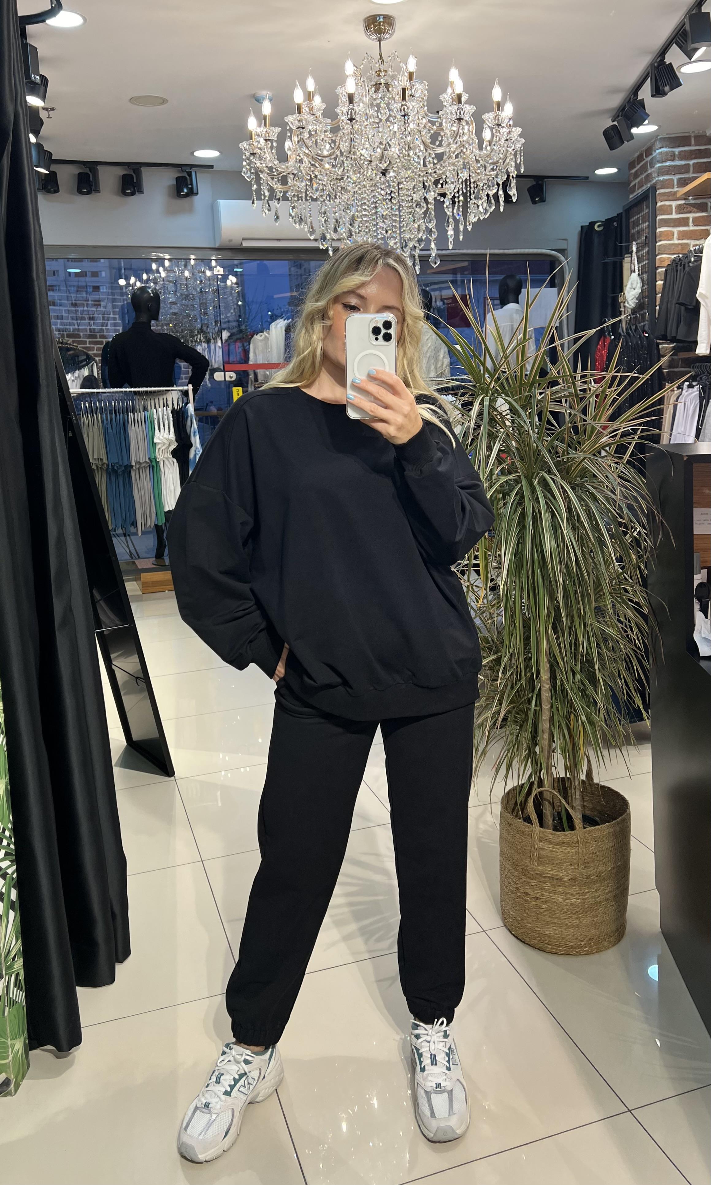 Likralı Güçlü Dokuda Siyah Eşofman Takımı