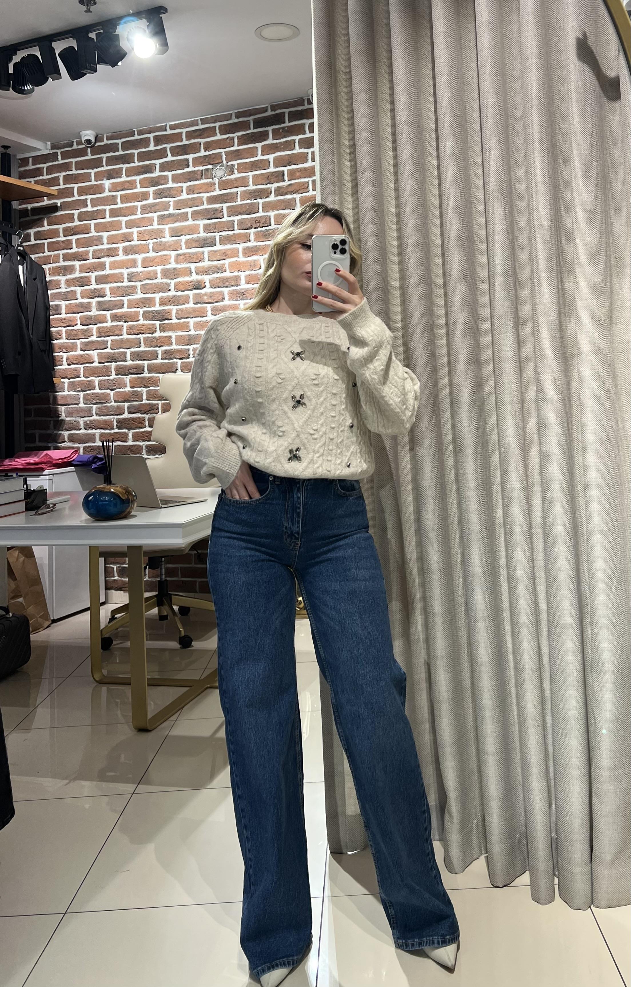 Likralı Mavi Jean Palazzo