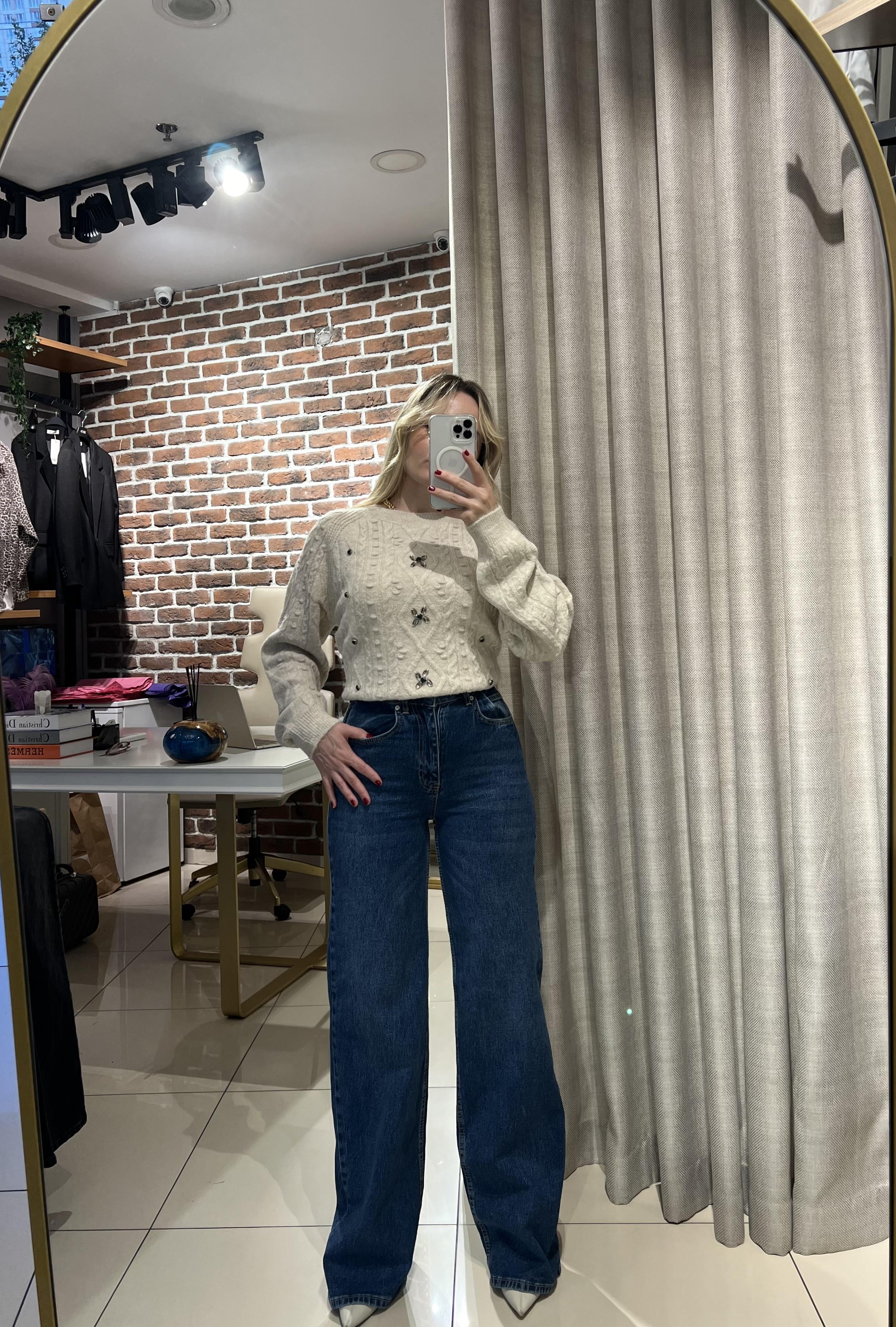 Likralı Mavi Jean Palazzo