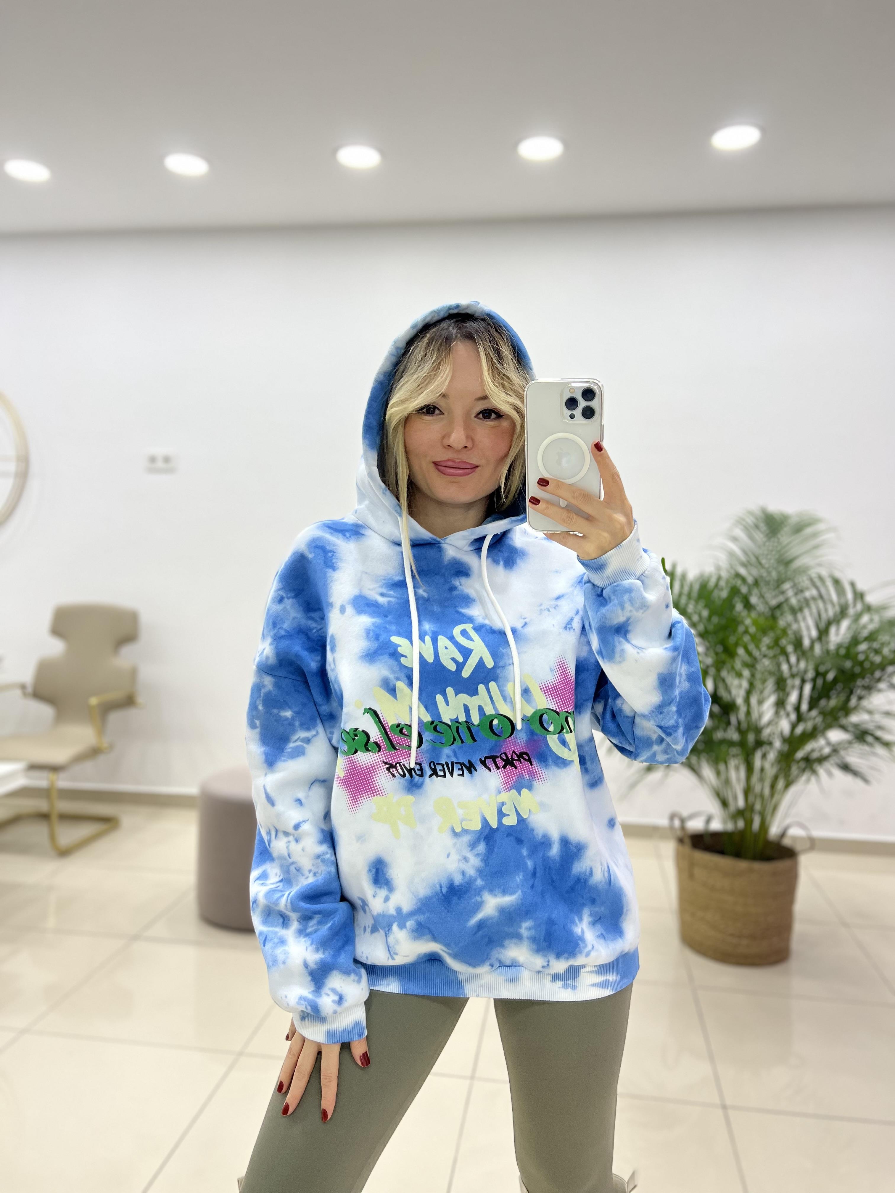 Mavi Batik Desenli Kapüşonlu Sweatshırt 