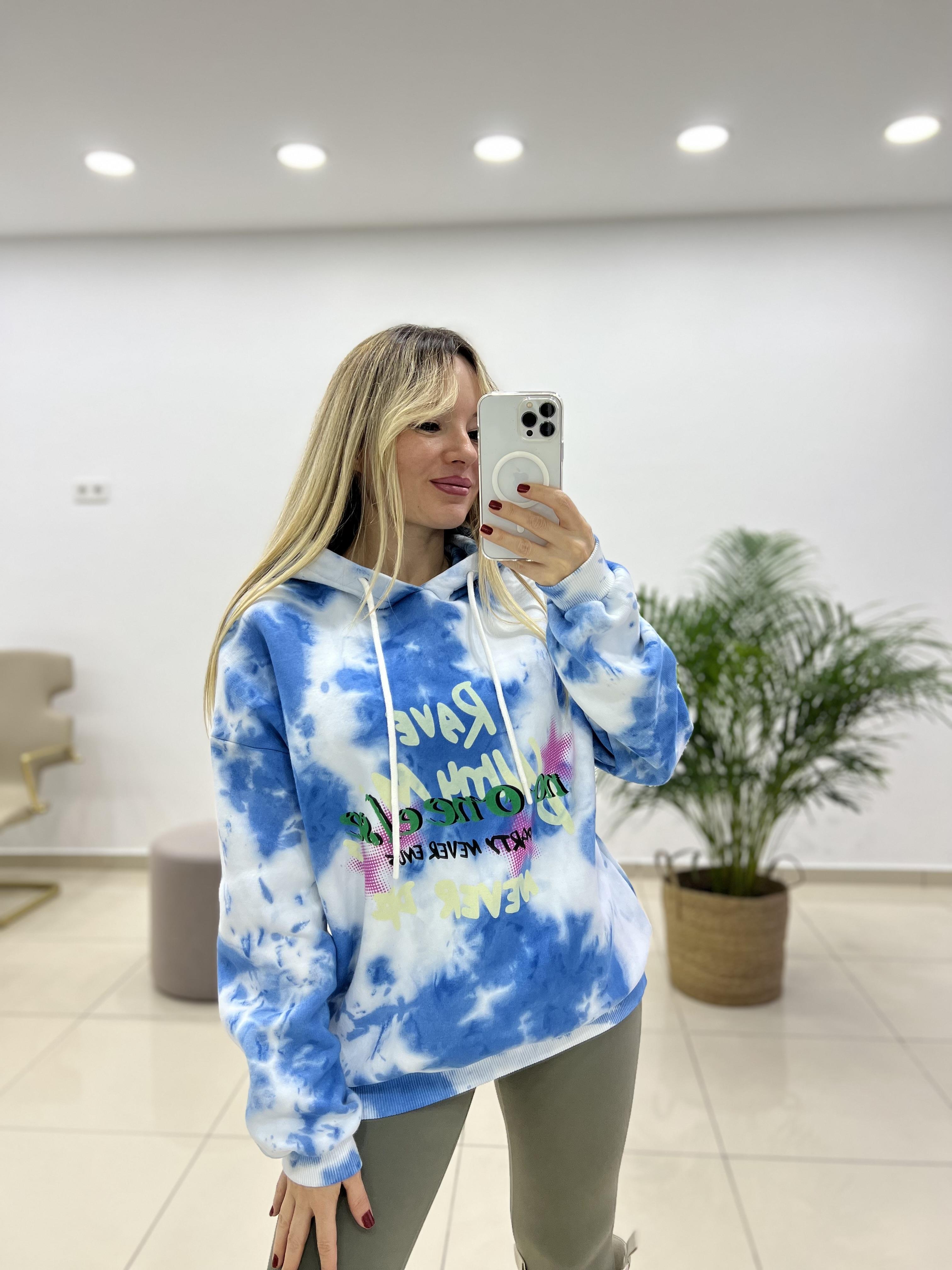 Mavi Batik Desenli Kapüşonlu Sweatshırt 