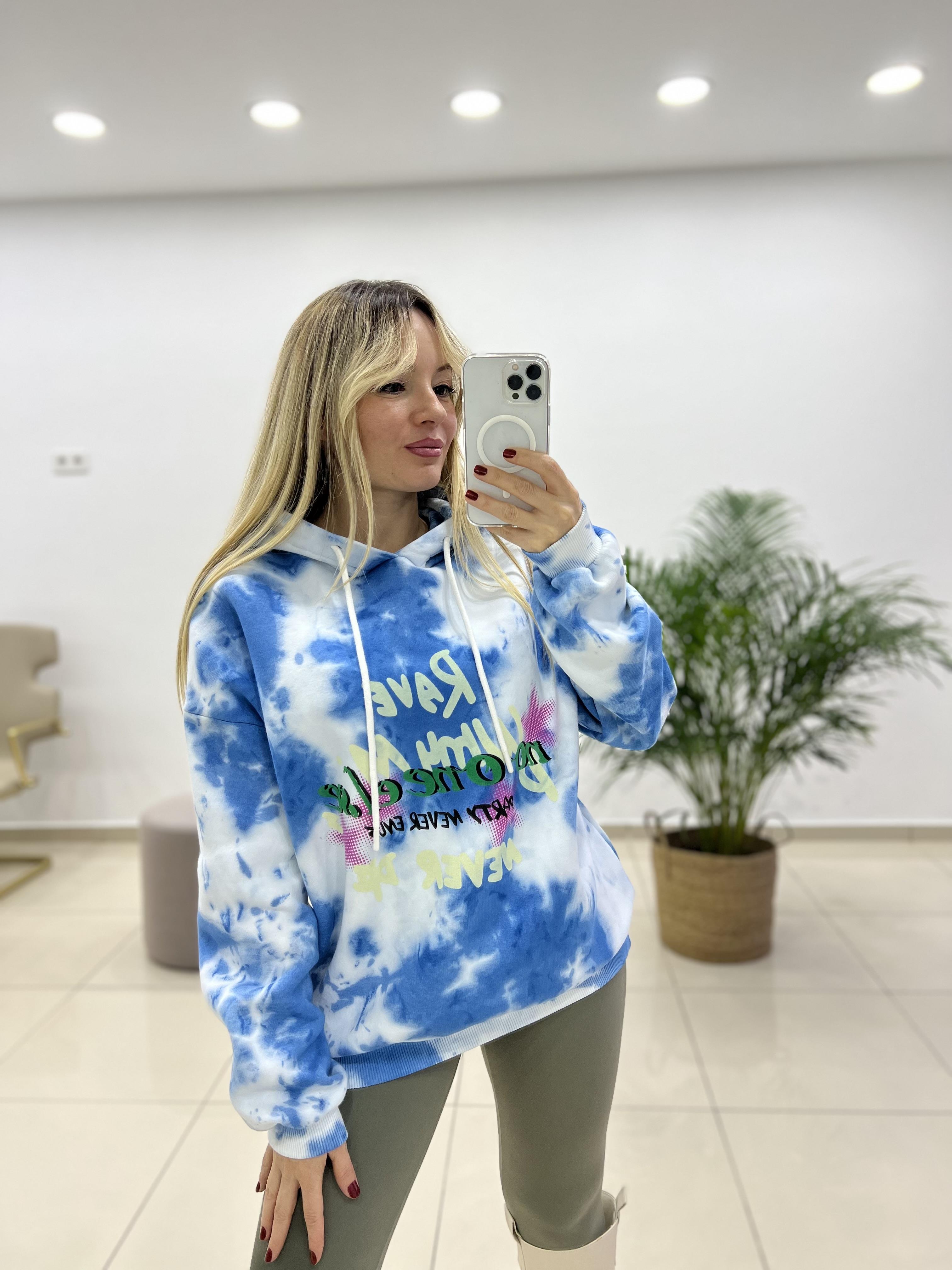 Mavi Batik Desenli Kapüşonlu Sweatshırt 