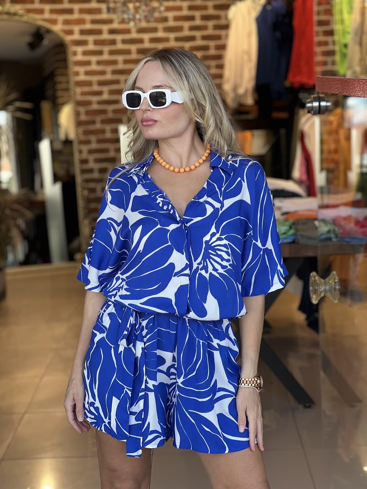 Mavi Desenli Şortlu Tulum