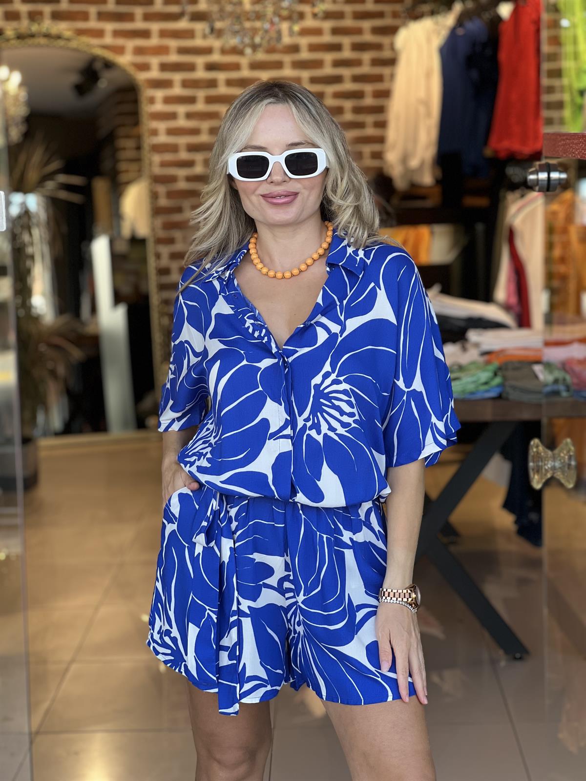 Mavi Desenli Şortlu Tulum