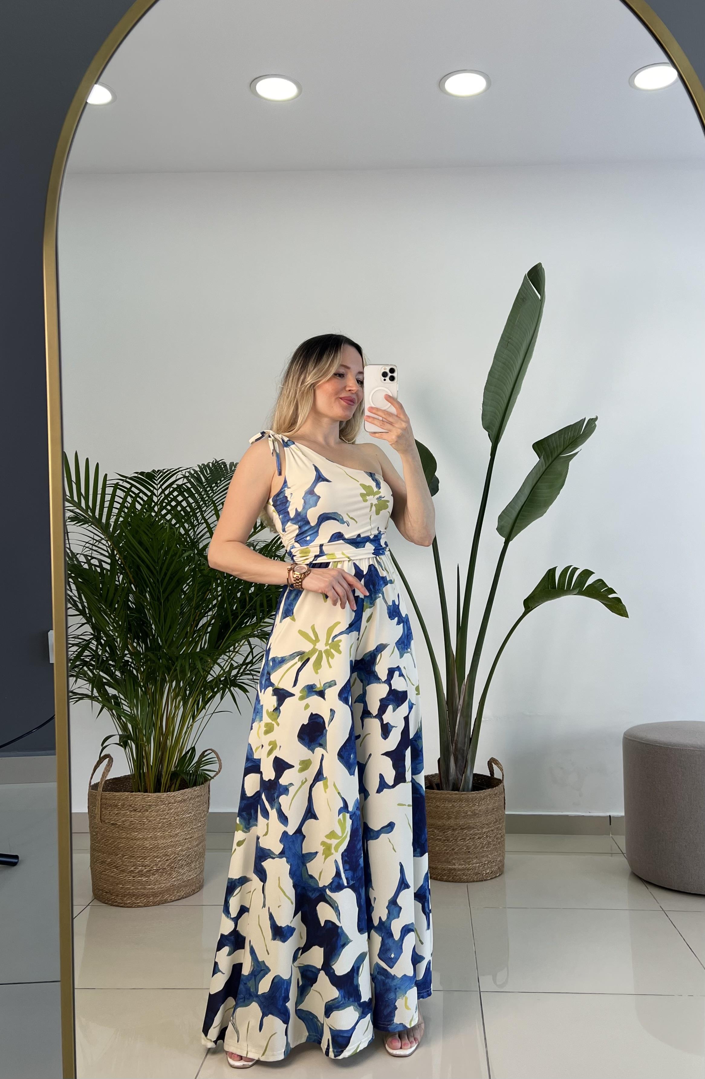 Mavi Yeşil Desenli Tek Omuz Tulum