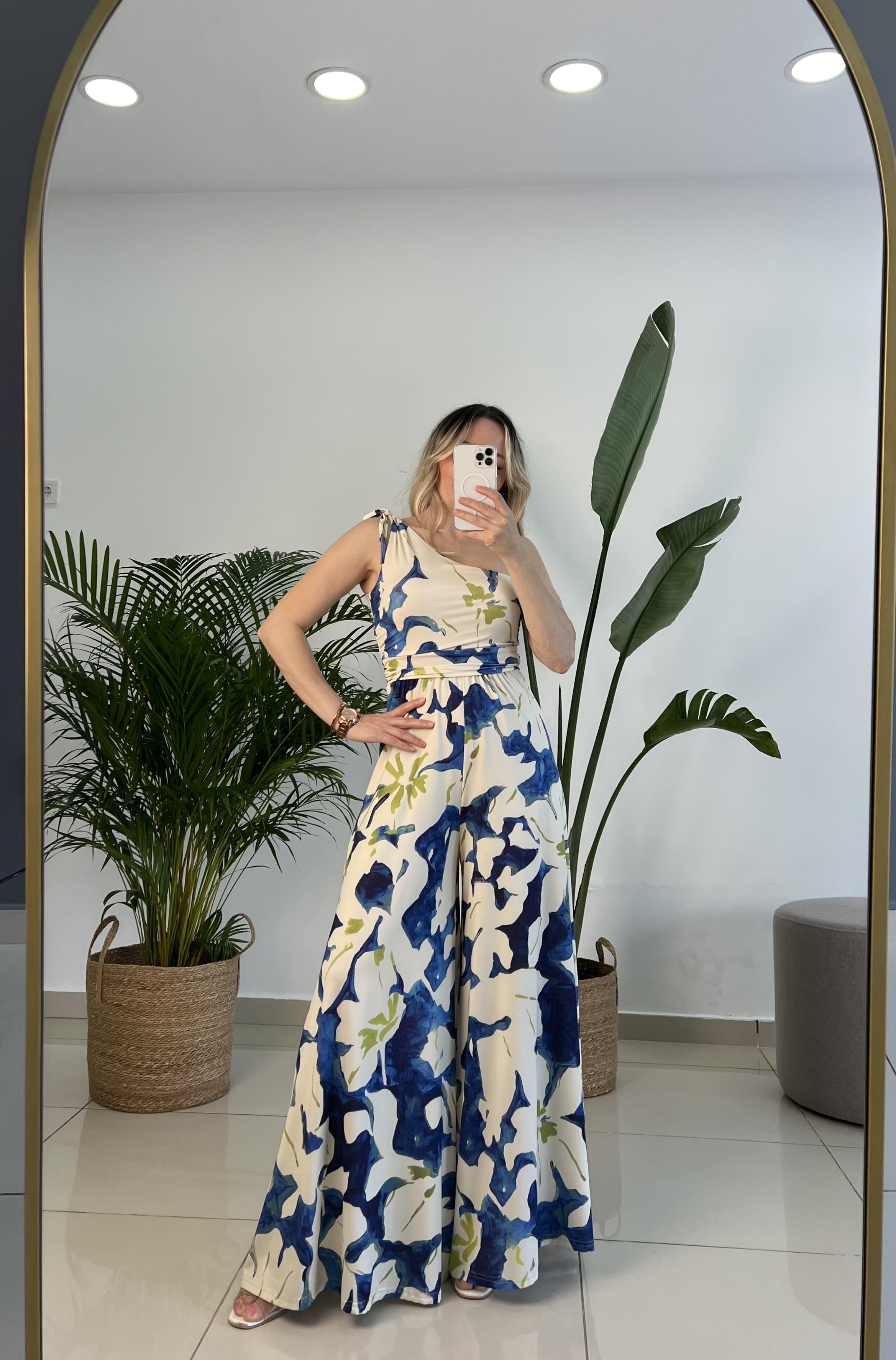 Mavi Yeşil Desenli Tek Omuz Tulum