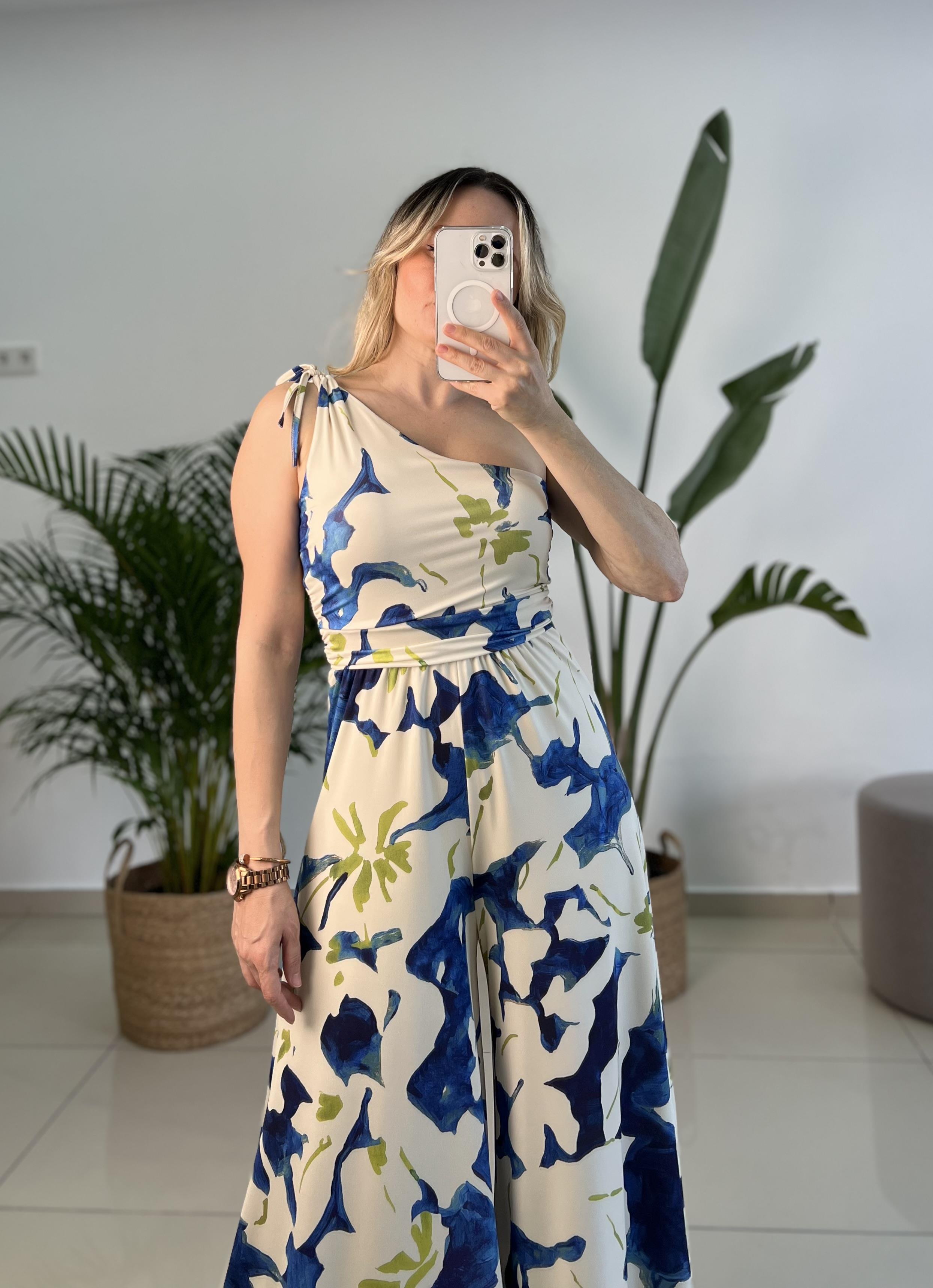 Mavi Yeşil Desenli Tek Omuz Tulum