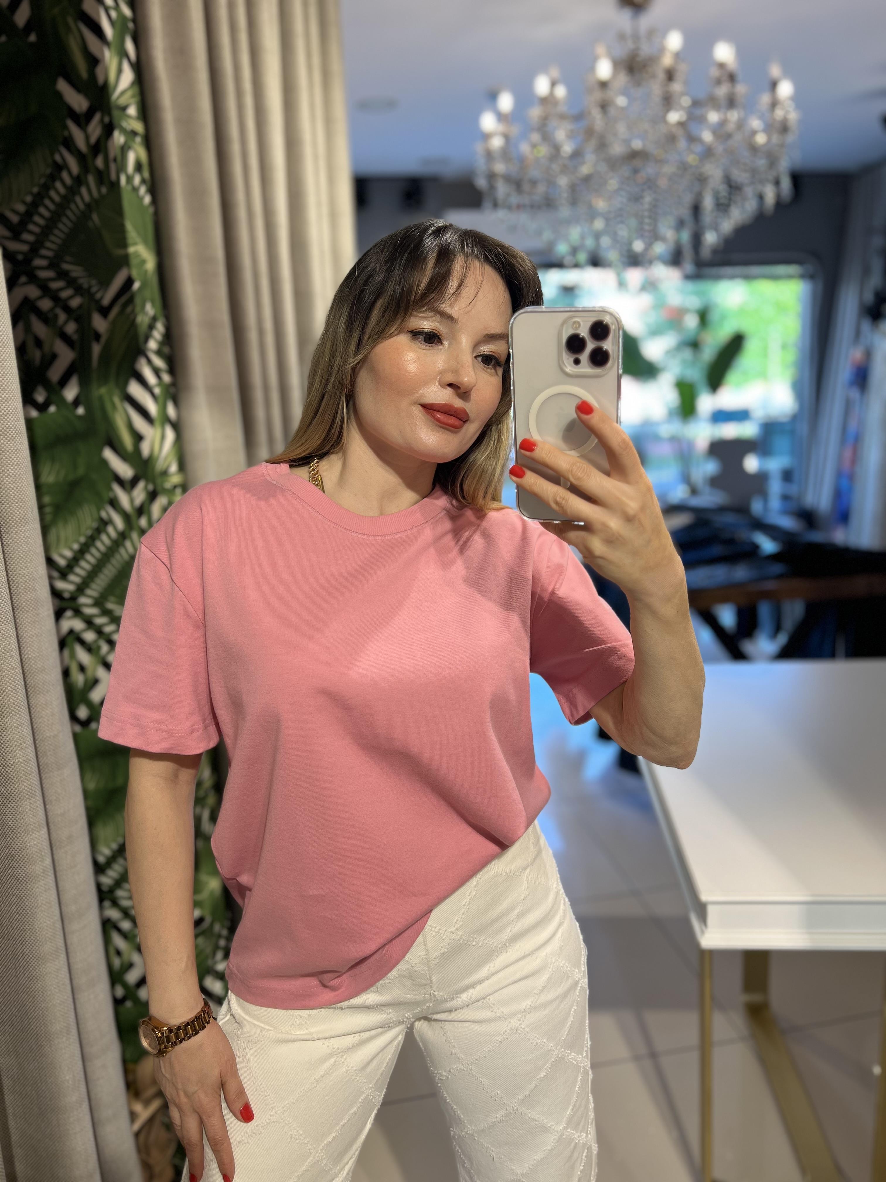 Pembe Bisiklet Yaka Cotton Pamuk Tişört