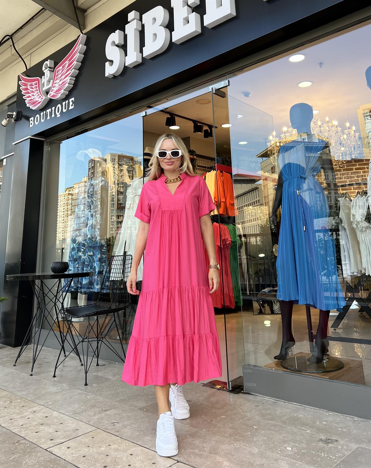 Pembe Krinkıl İpek Keten Elbise 