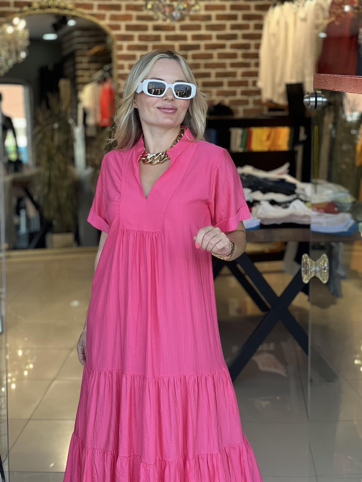 Pembe Krinkıl İpek Keten Elbise 