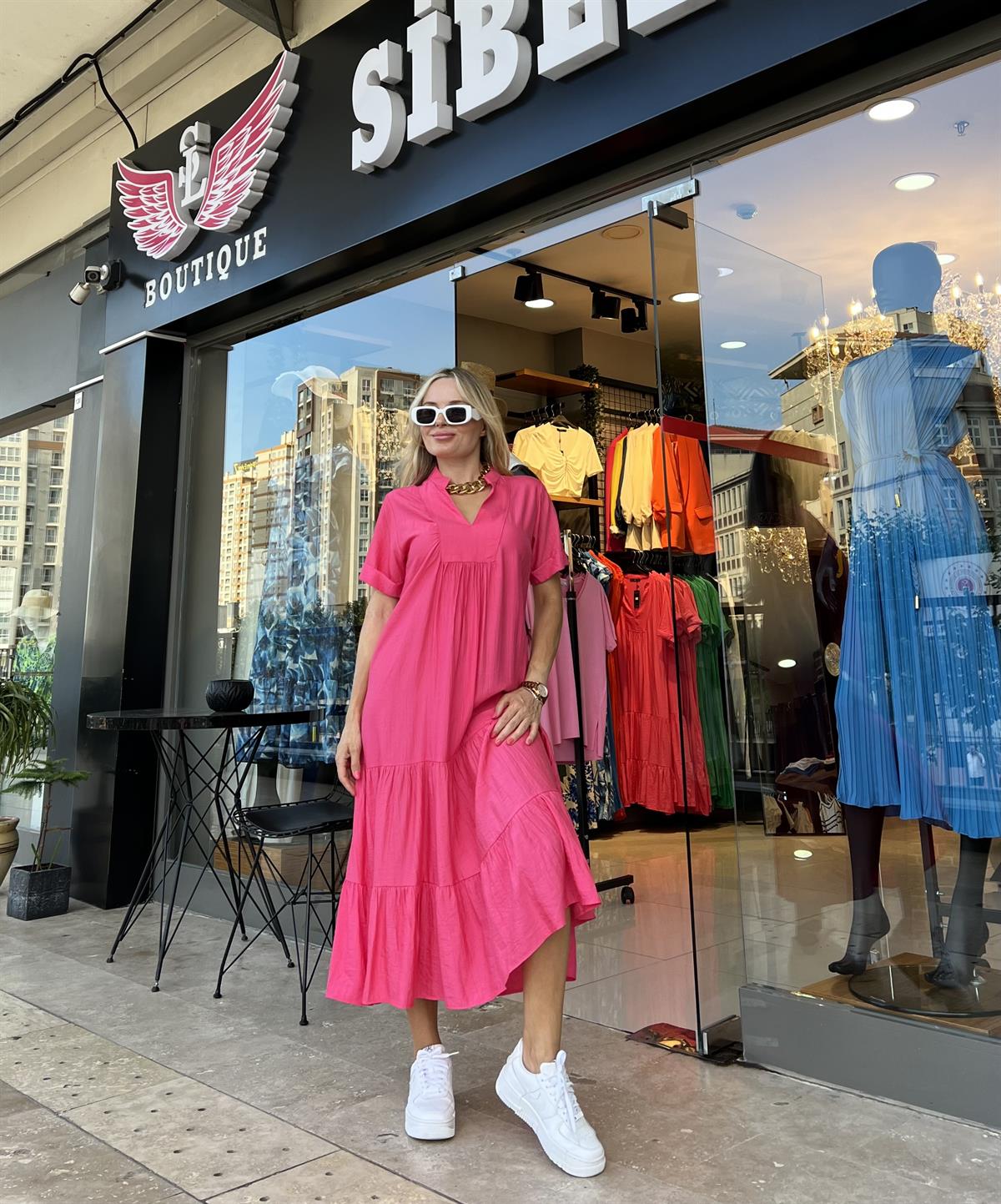 Pembe Krinkıl İpek Keten Elbise 