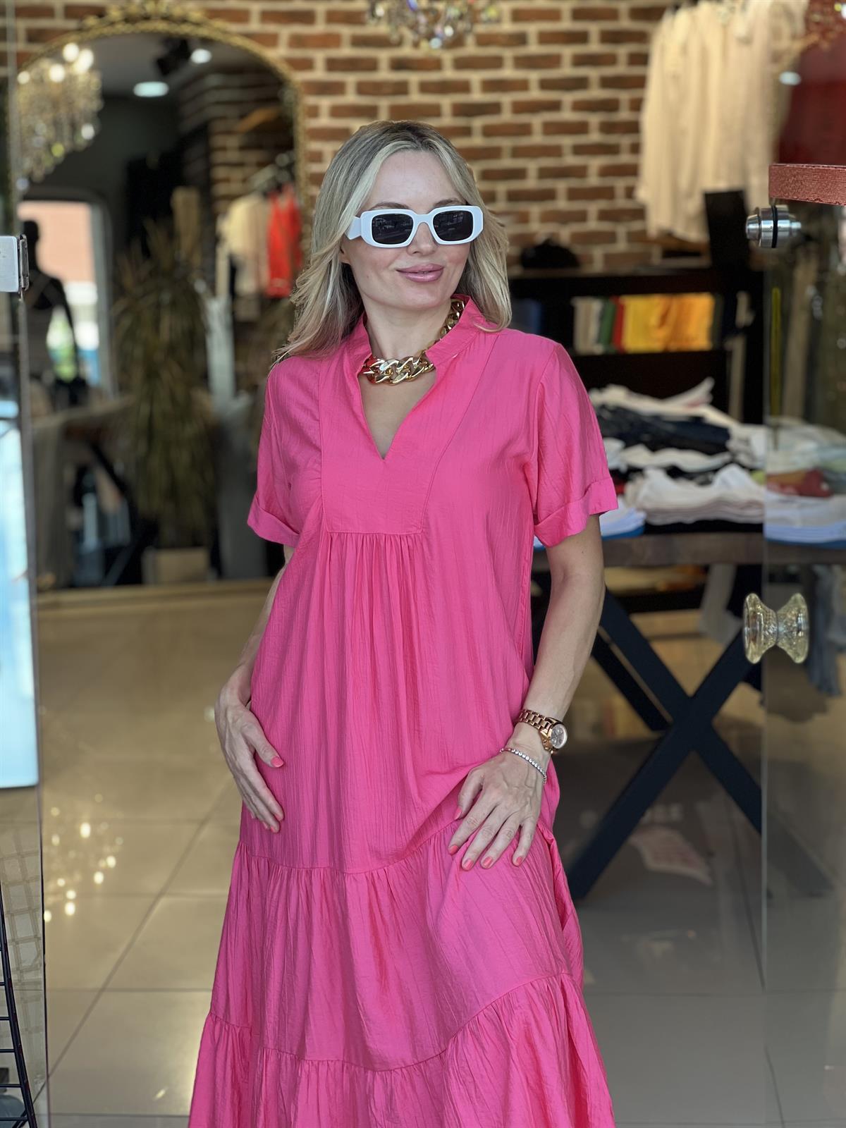 Pembe Krinkıl İpek Keten Elbise 