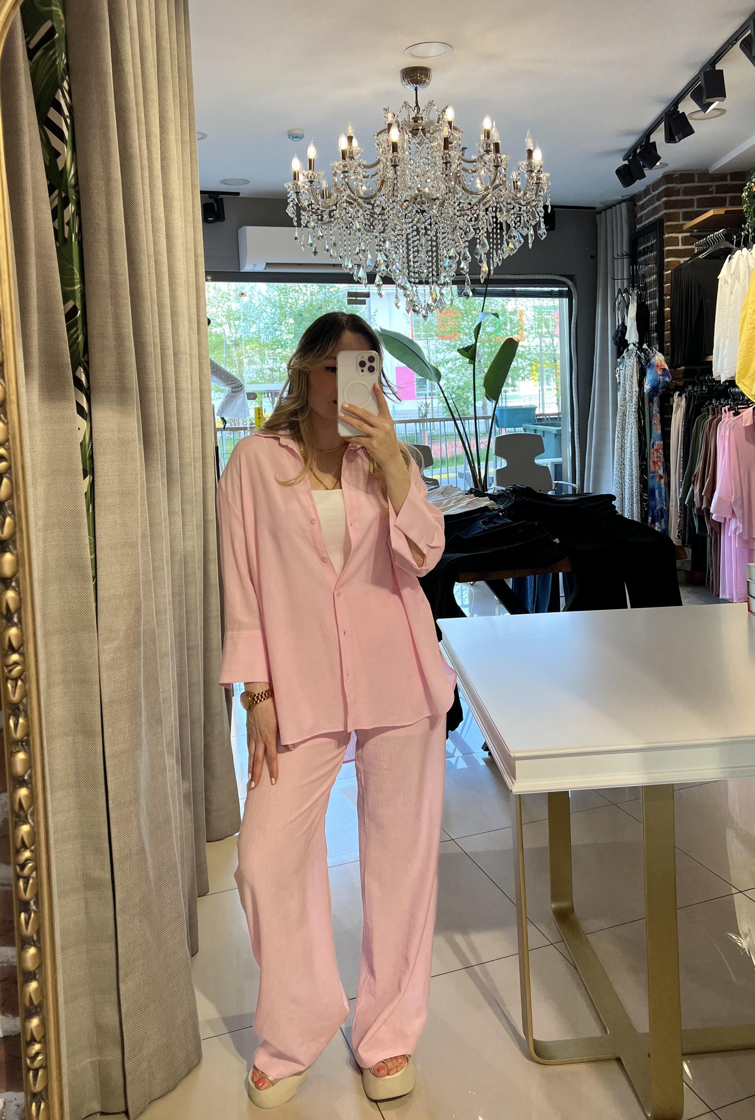 Pembe Mevsimlik Salaş Gömlek-Pantolon Takım