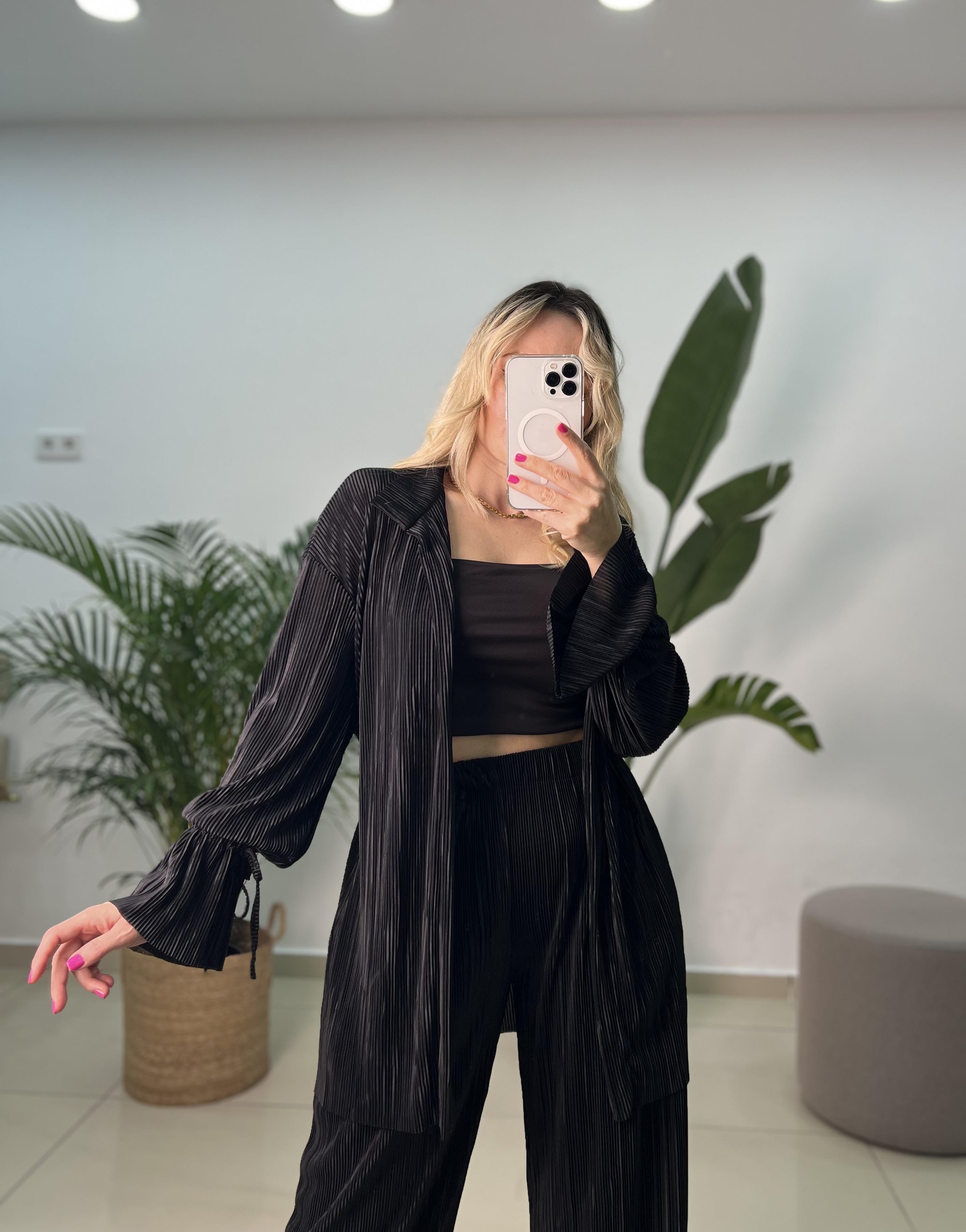 Piliseli Kimono Siyah Takım