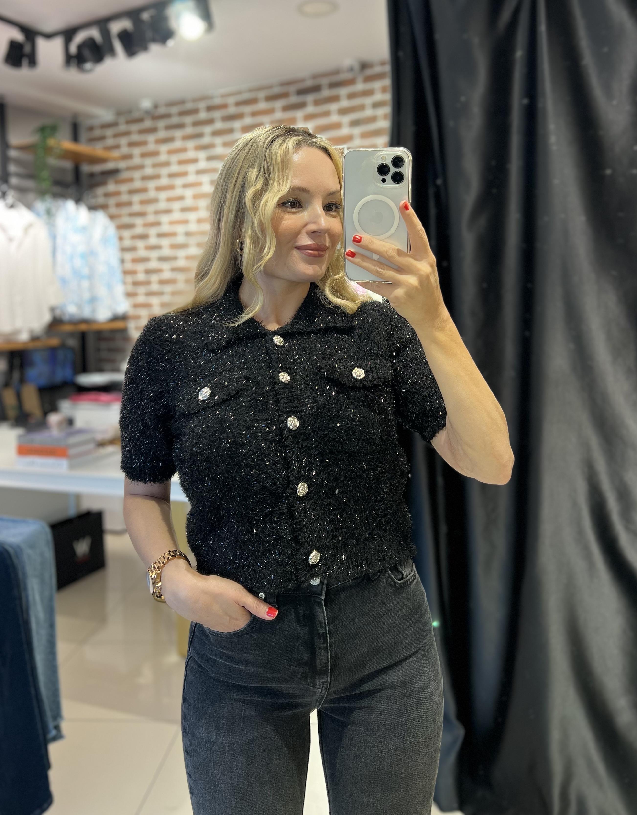 Polo Yaka Düğmeli Simli Siyah Triko Hırka