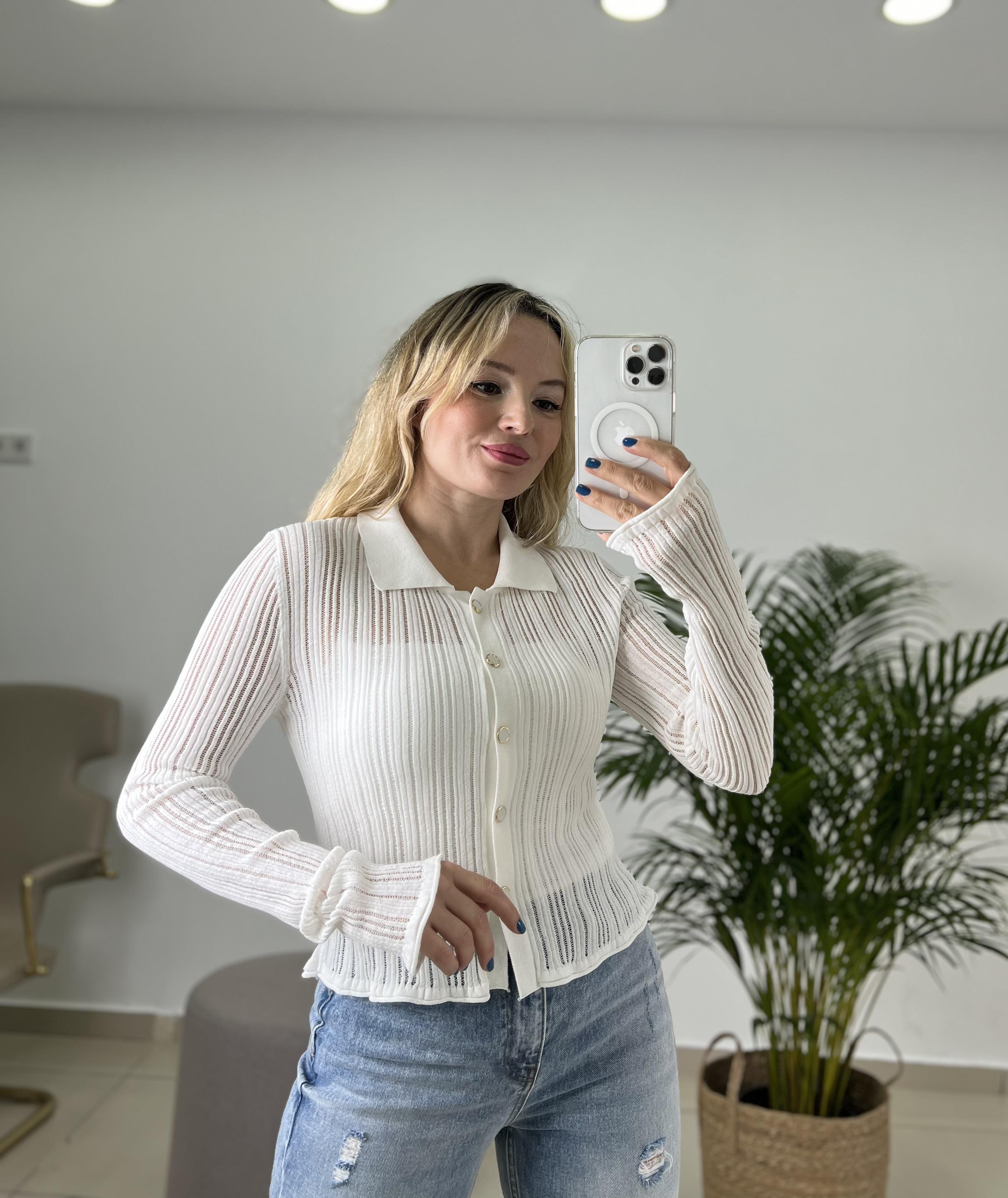 Polo Yaka Düğmeli Transparan Ekru Merserize  Hırka  