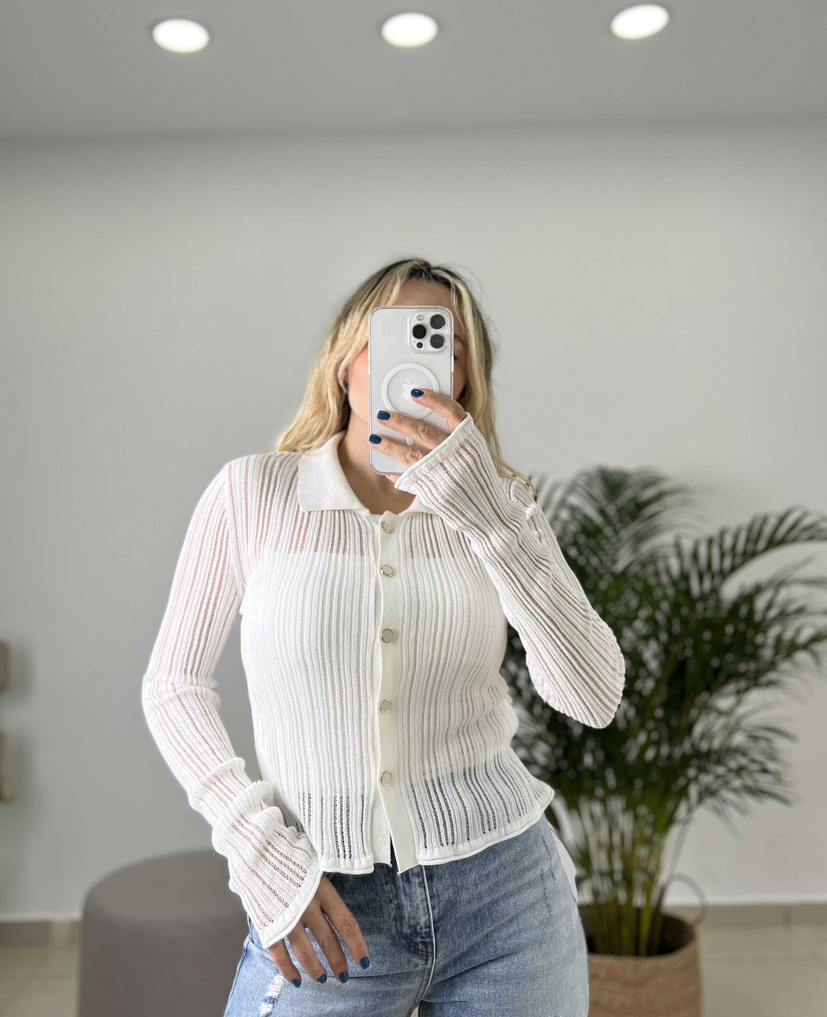 Polo Yaka Düğmeli Transparan Ekru Merserize  Hırka  