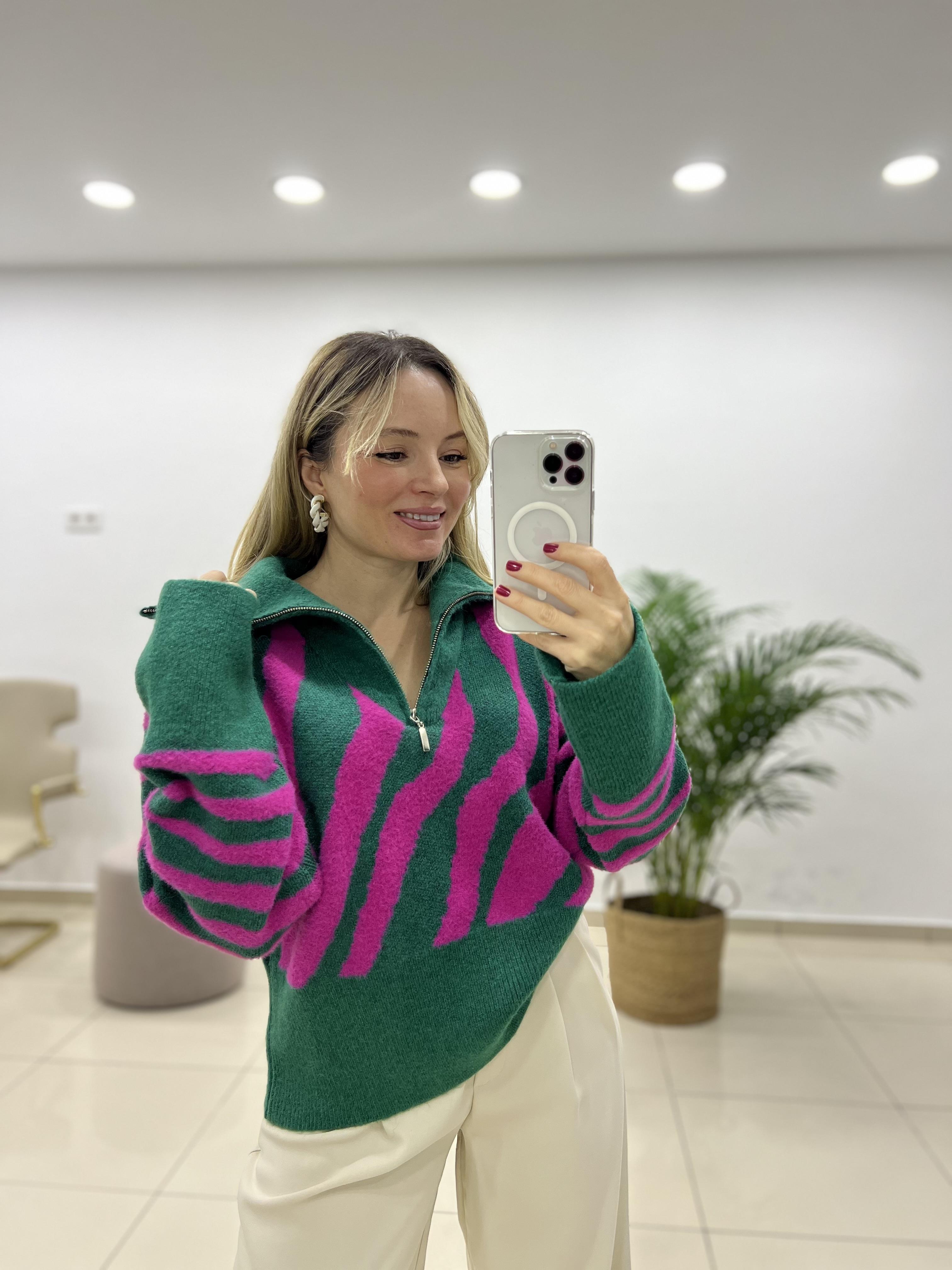 Renk Geçişli Kamyoner Yaka Fermuarlı Kazak