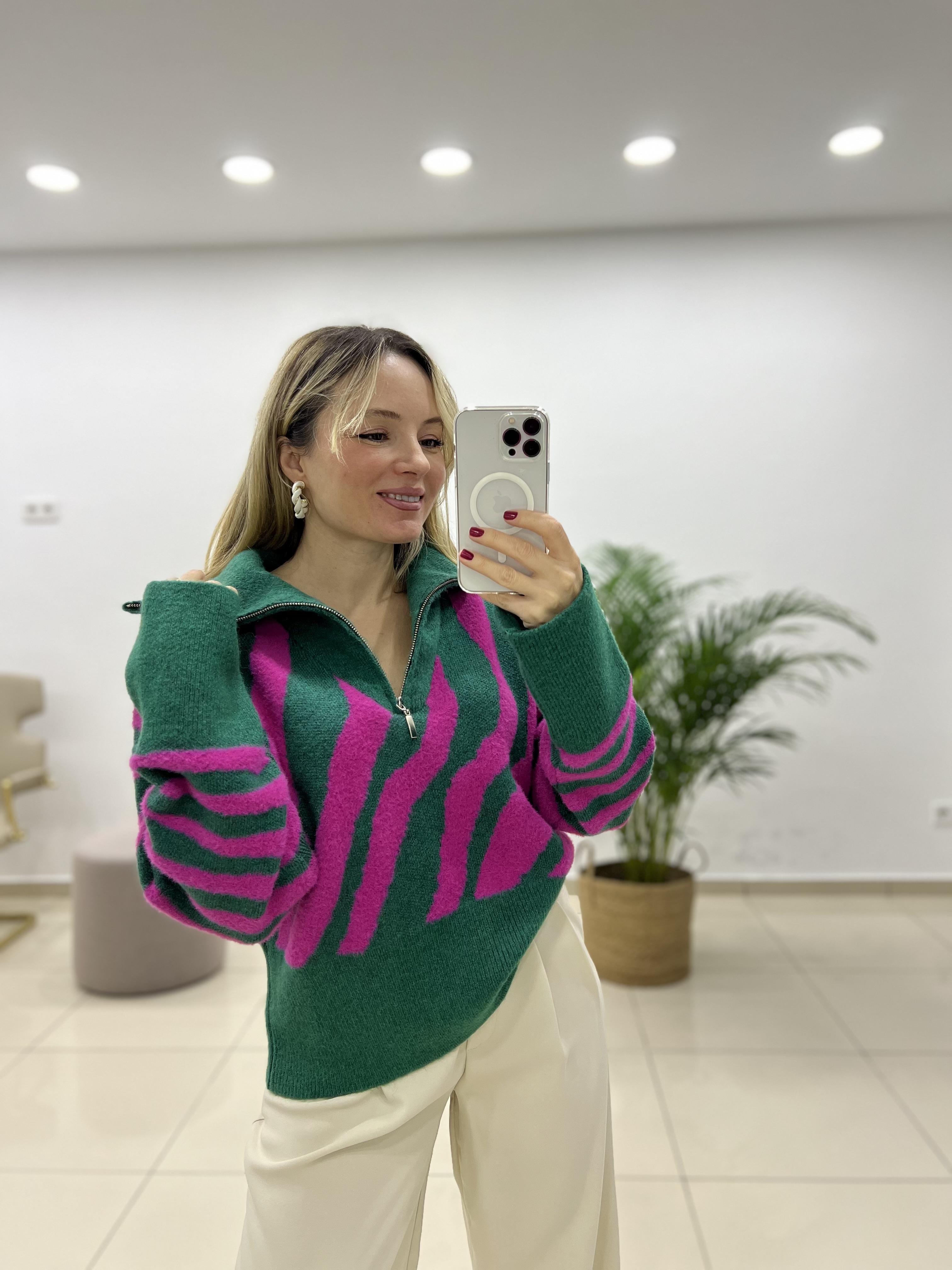 Renk Geçişli Kamyoner Yaka Fermuarlı Kazak