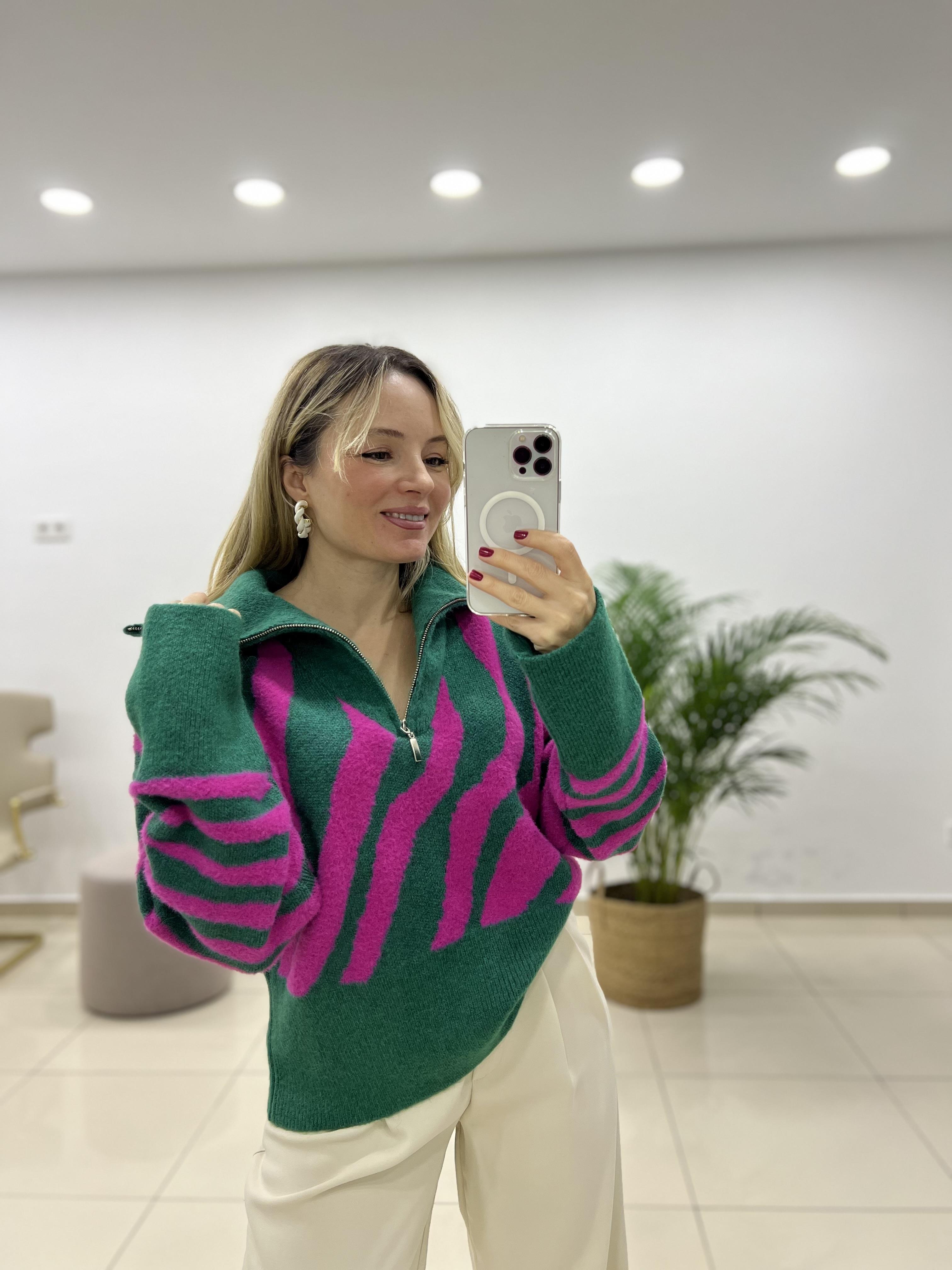 Renk Geçişli Kamyoner Yaka Fermuarlı Kazak