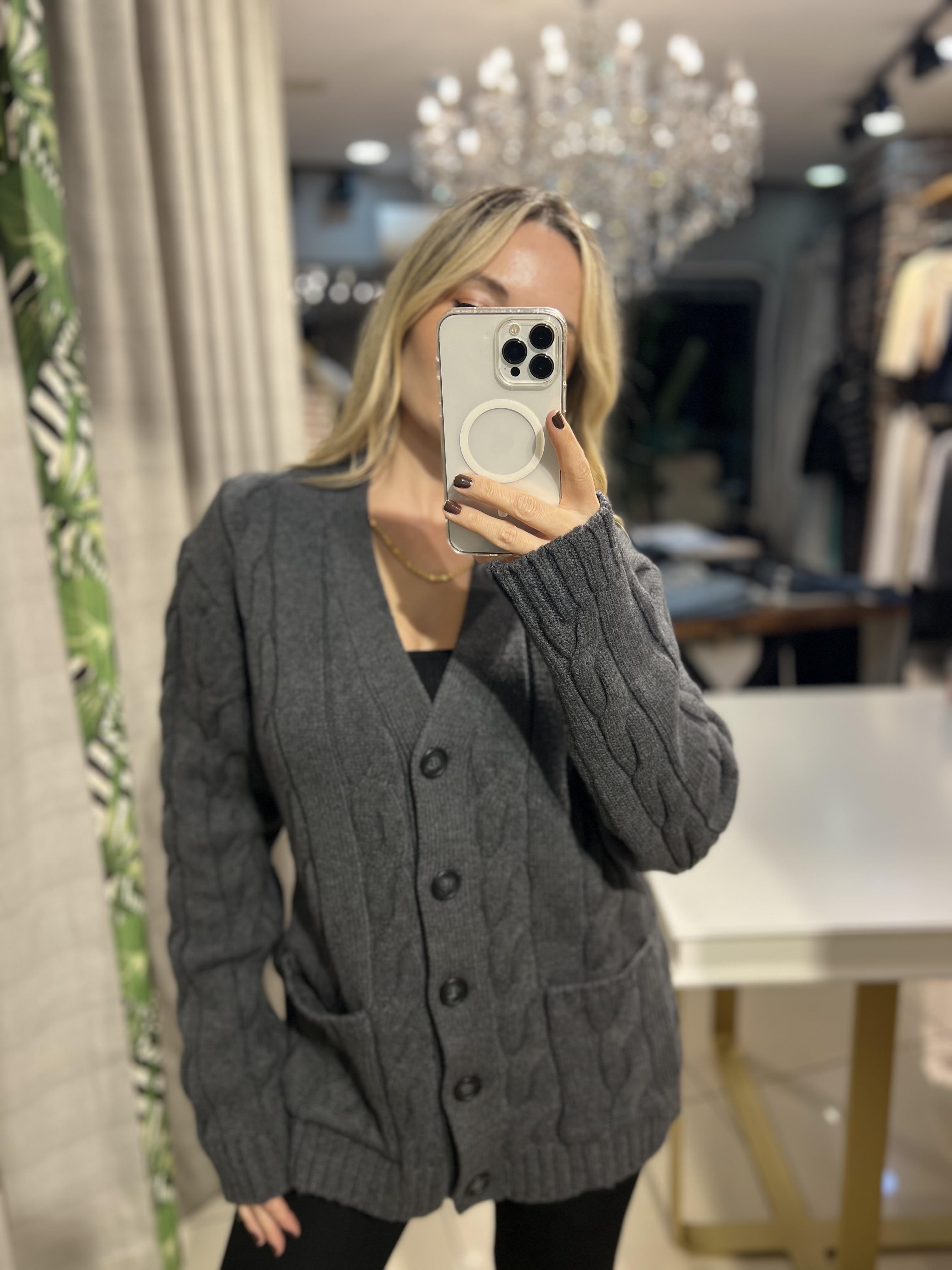 Saç Örgü Düğmeli Füme Triko Hırka