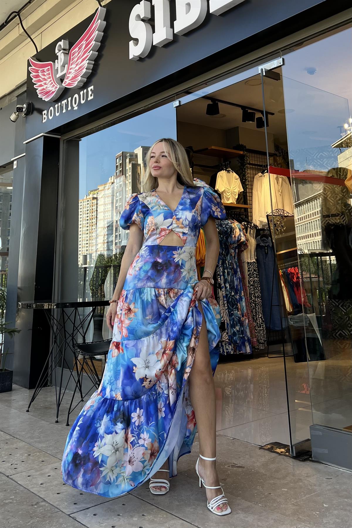 İpek Saten Mavi Çiçek Desenli Elbise 