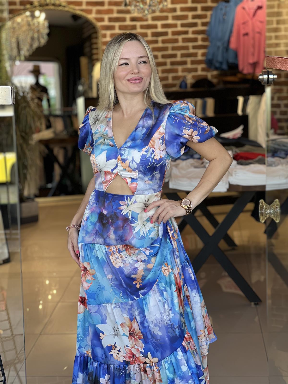 İpek Saten Mavi Çiçek Desenli Elbise 