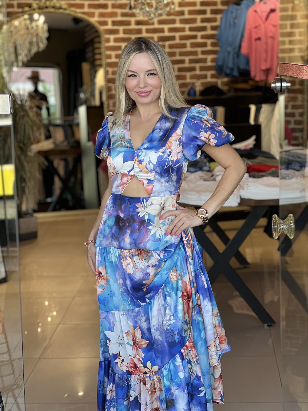 İpek Saten Mavi Çiçek Desenli Elbise 