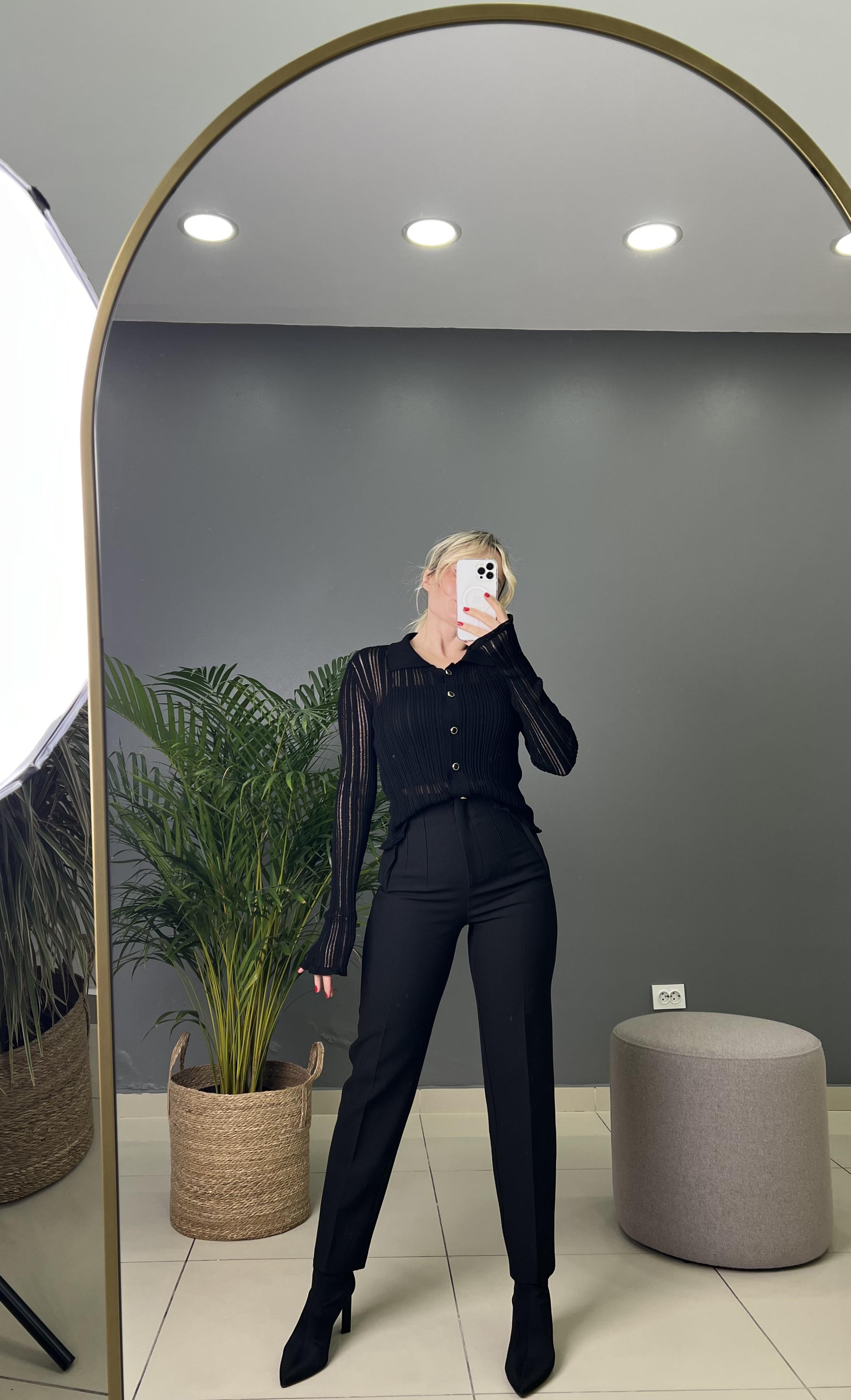 Siyah Filetolu Kumaş Pantolon 