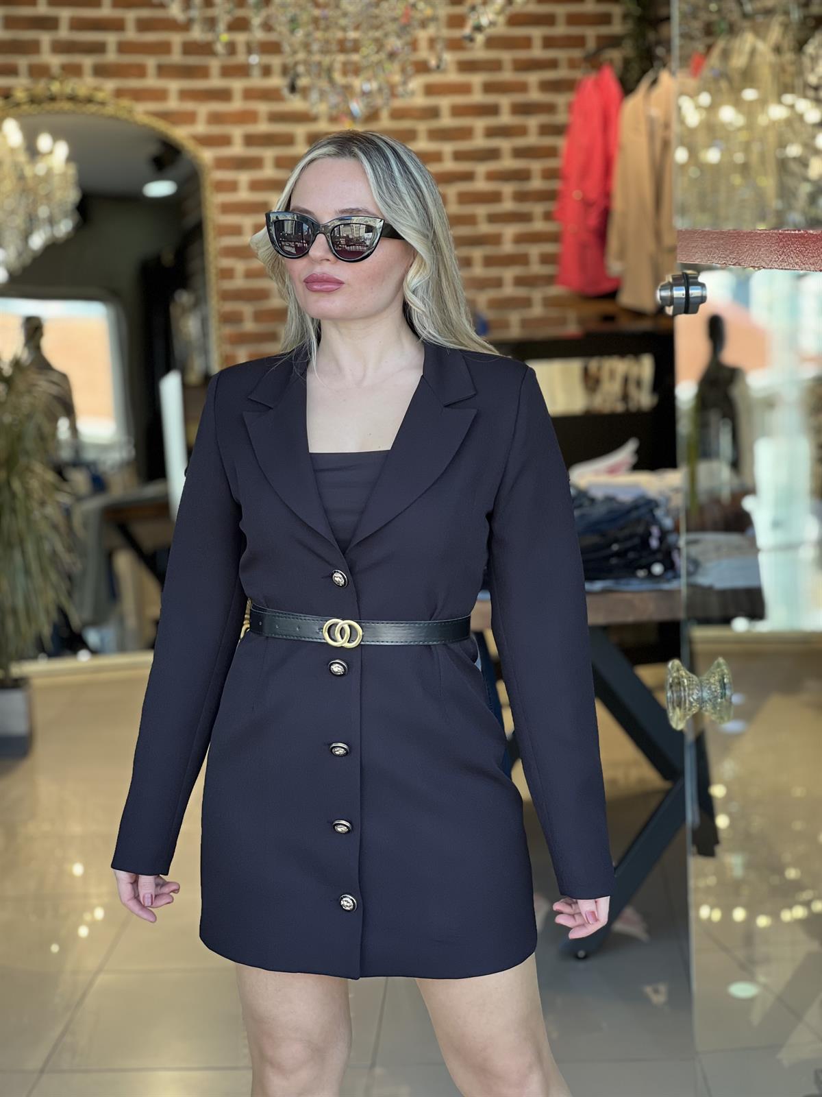 Siyah Kemerli Ceket Elbise