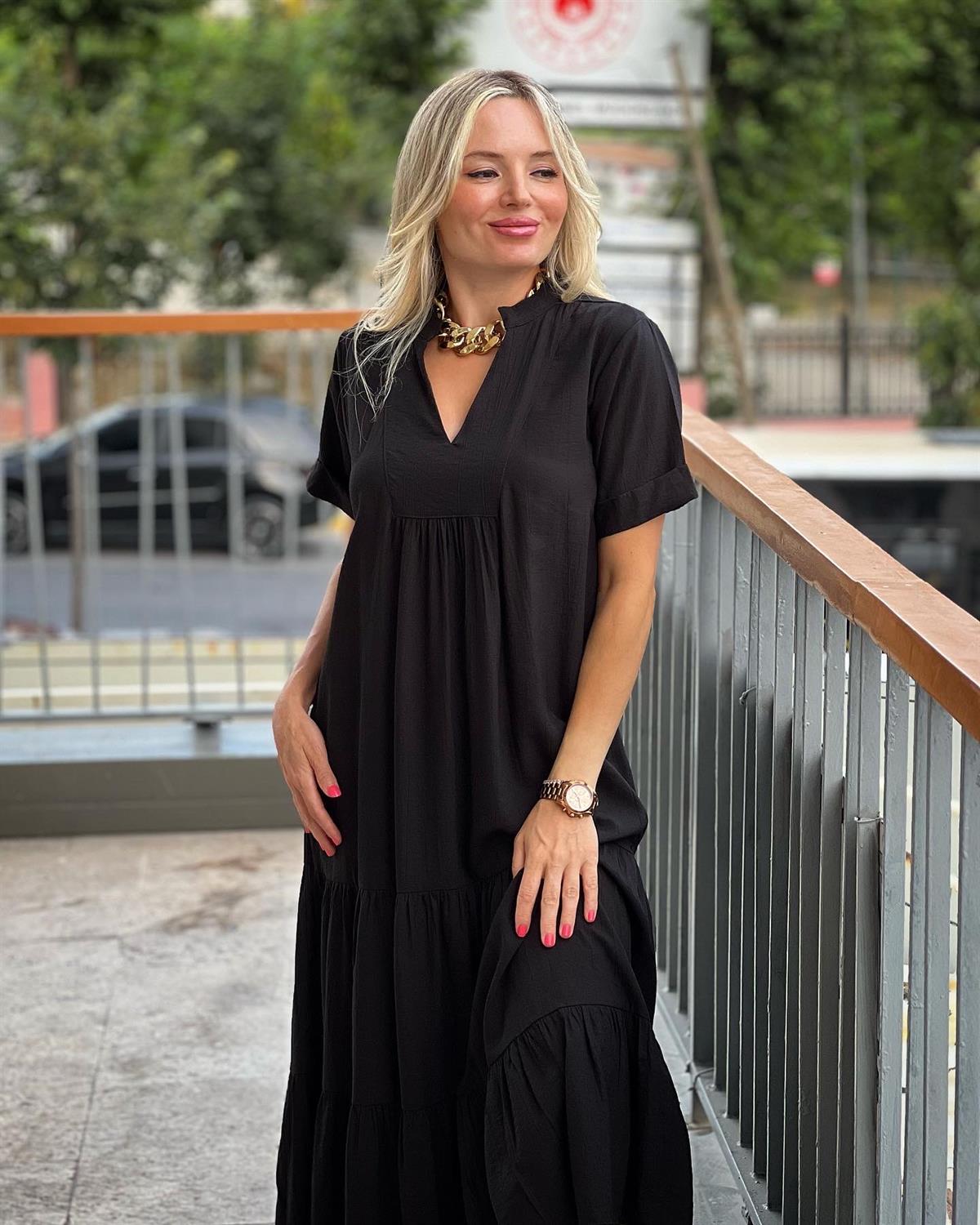 Siyah Krinkıl İpek Keten Elbise