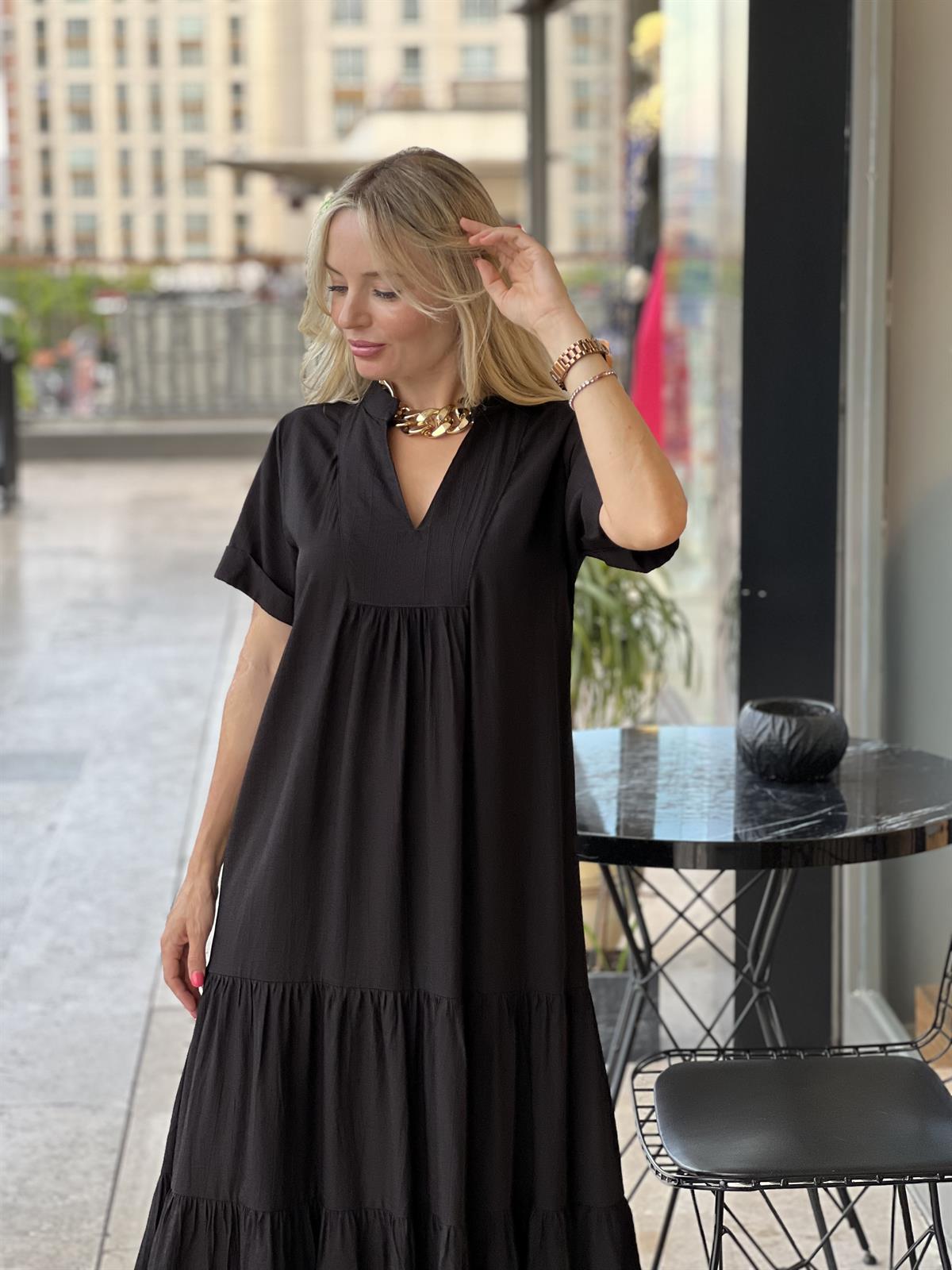 Siyah Krinkıl İpek Keten Elbise