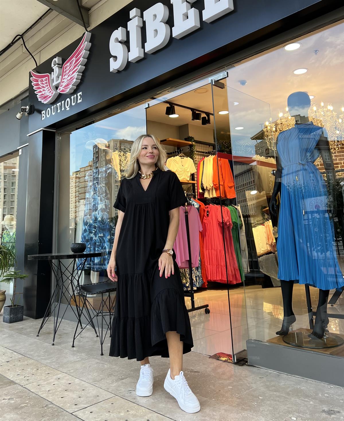 Siyah Krinkıl İpek Keten Elbise