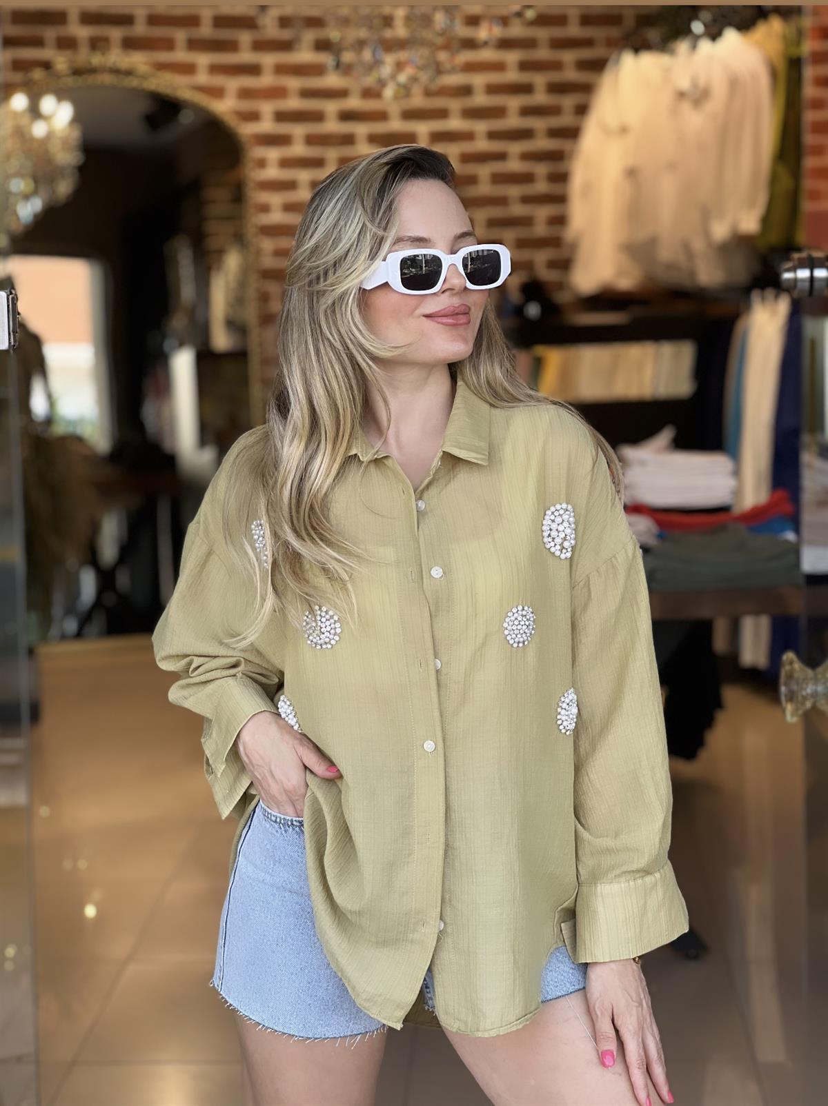 Taşlı Oversize Gömlek