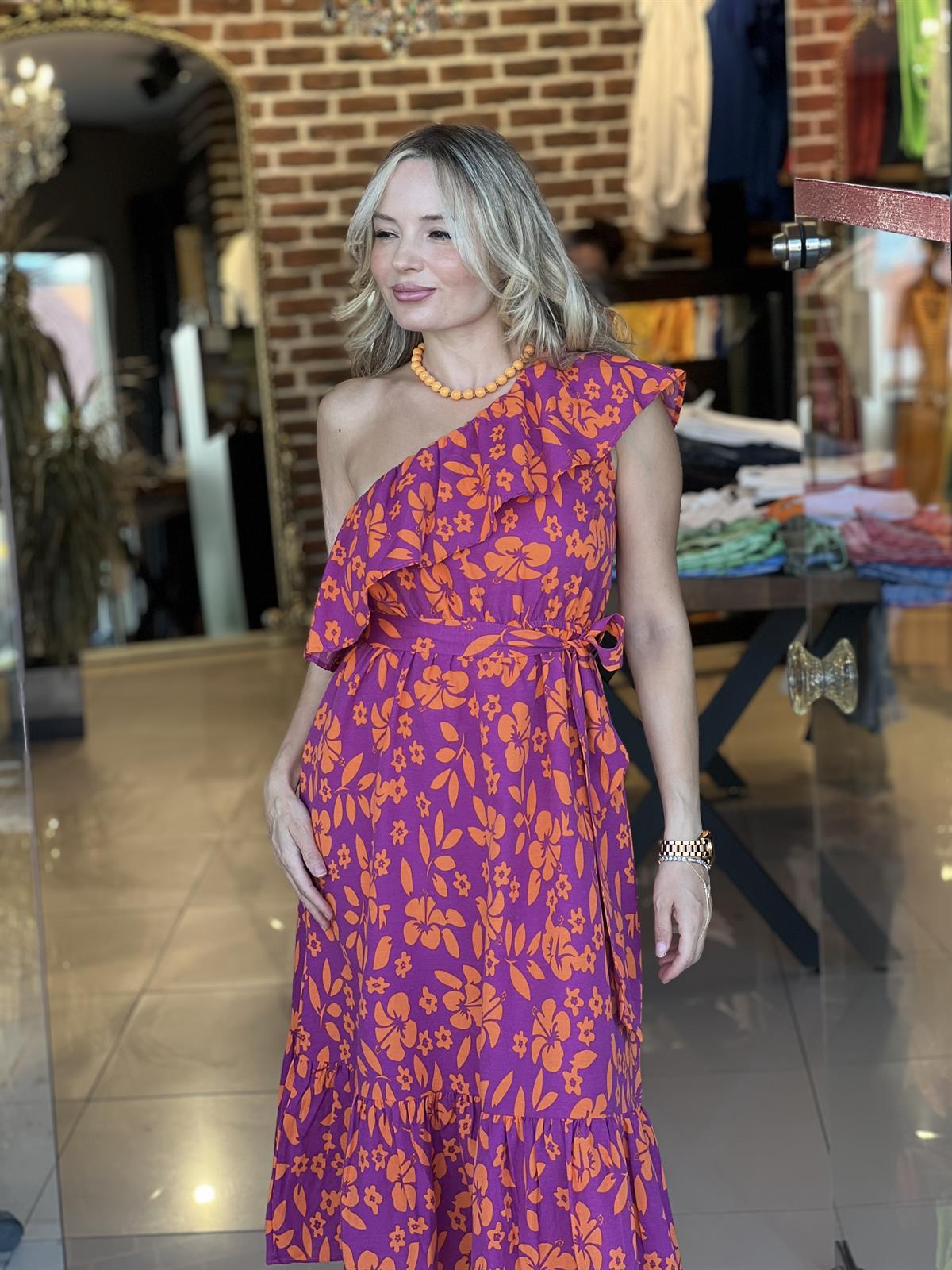 Tek Omuz Çiçek Desenli Turuncu Elbise