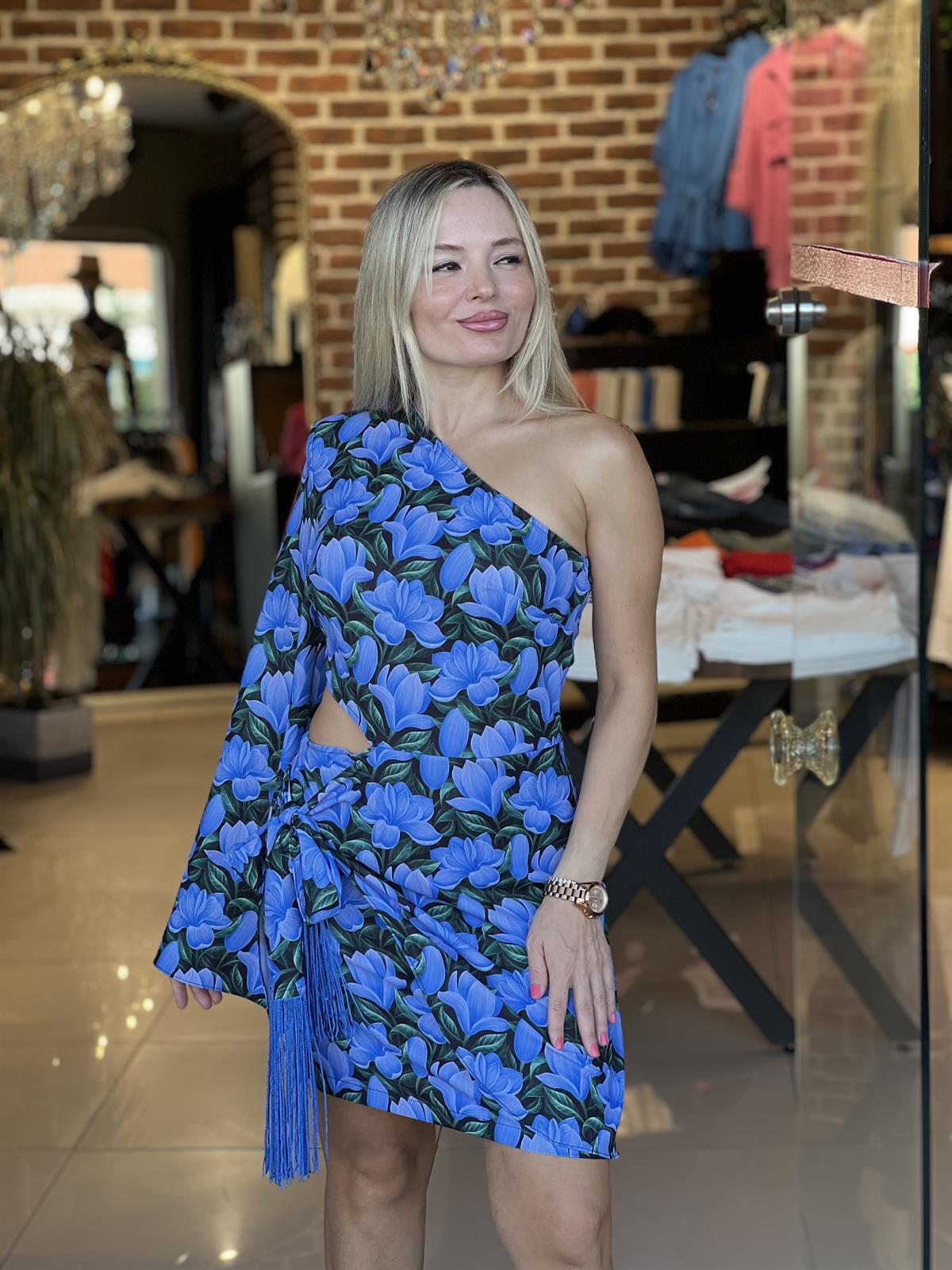 Tek Omuz Mor Desenli Elbise