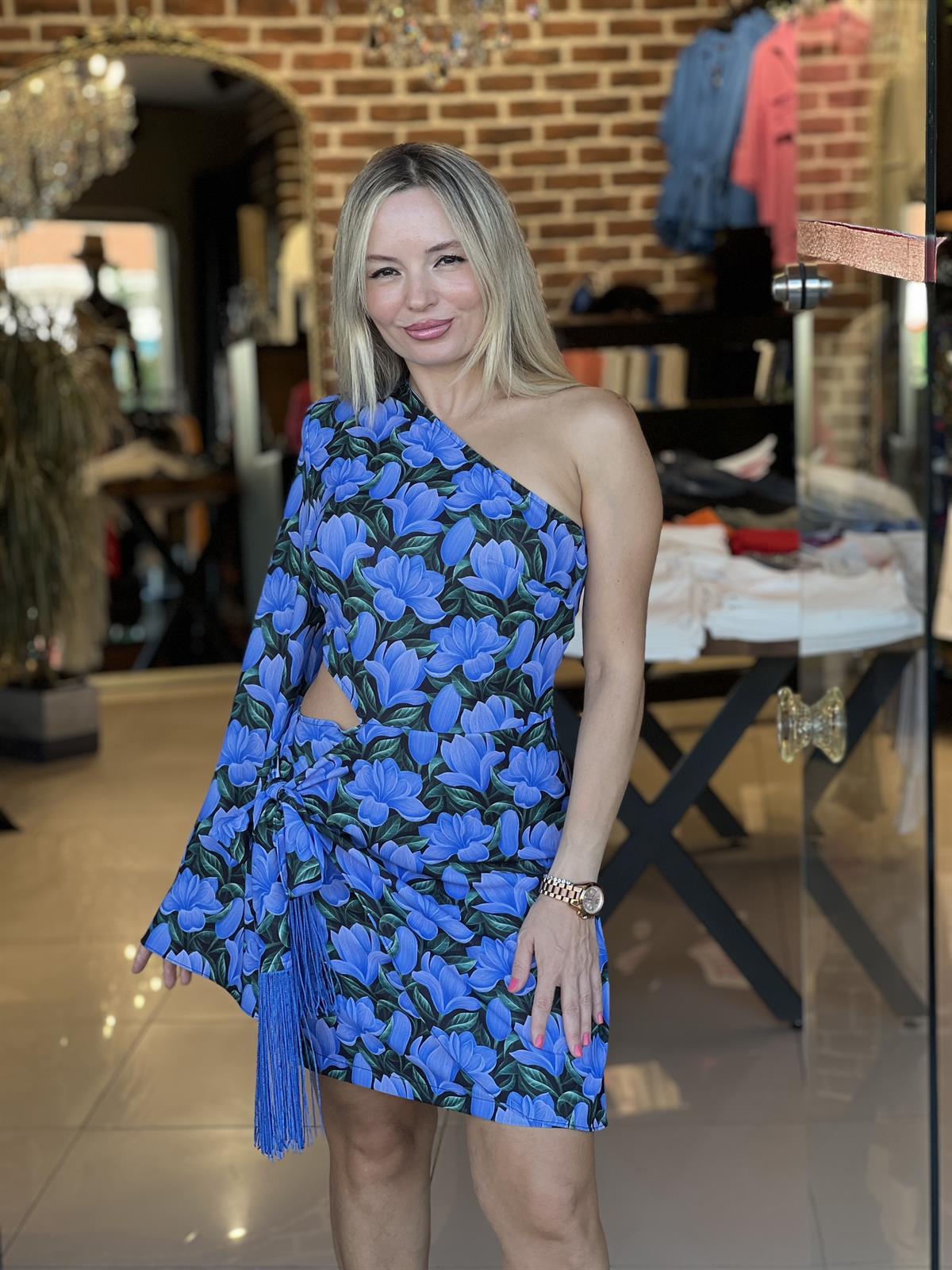 Tek Omuz Mor Desenli Elbise