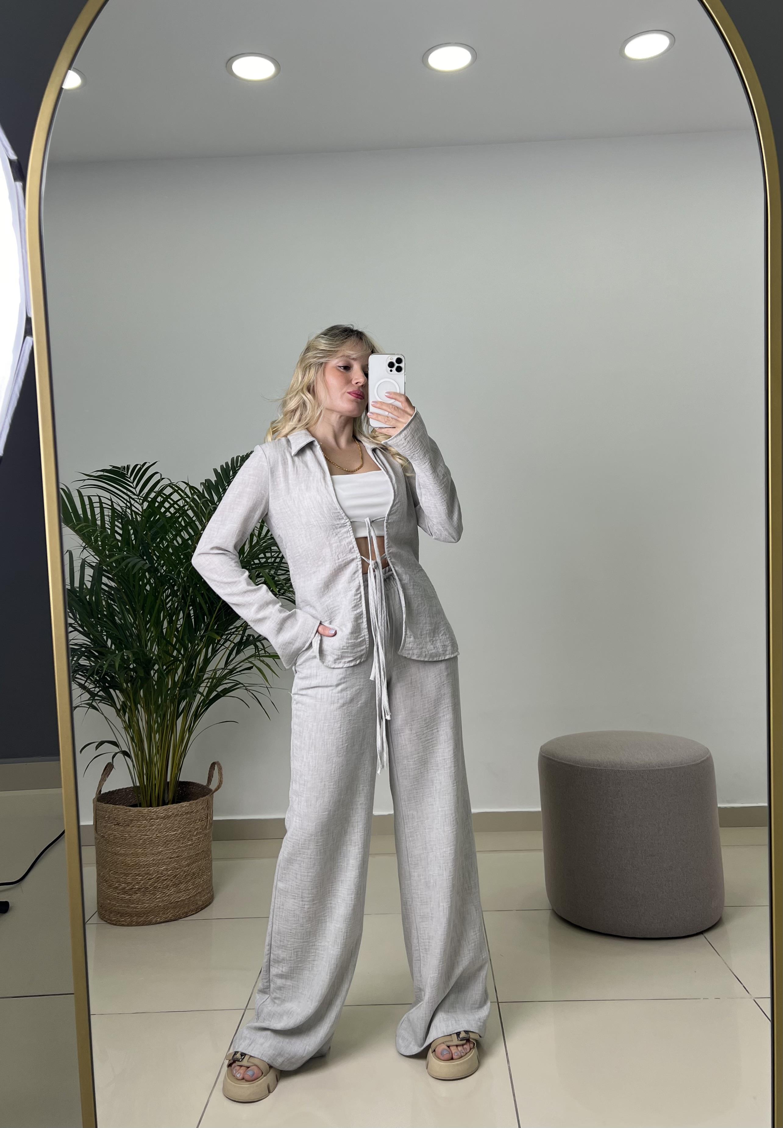 Tilda Bağlamalı Bluz Pantolon Gri Keten Takım 