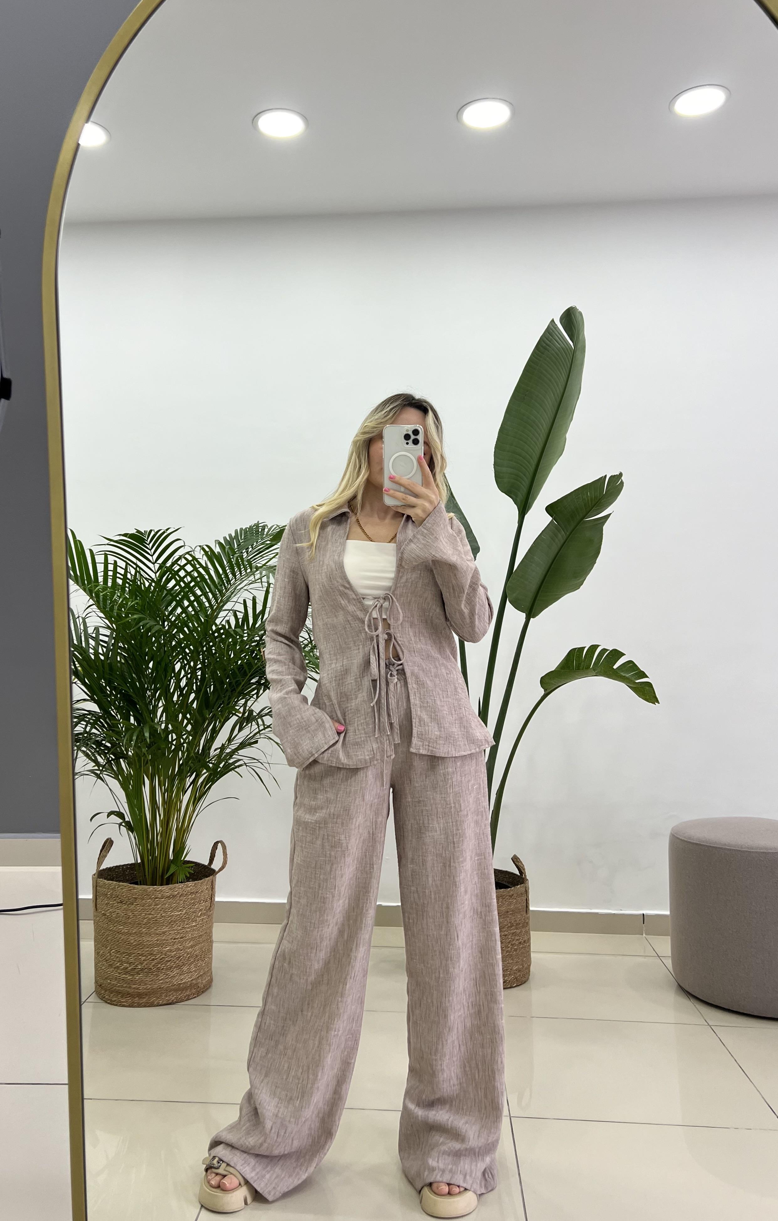 Tilda Bağlamalı Bluz Pantolon Sütlü Kahve Keten Takım