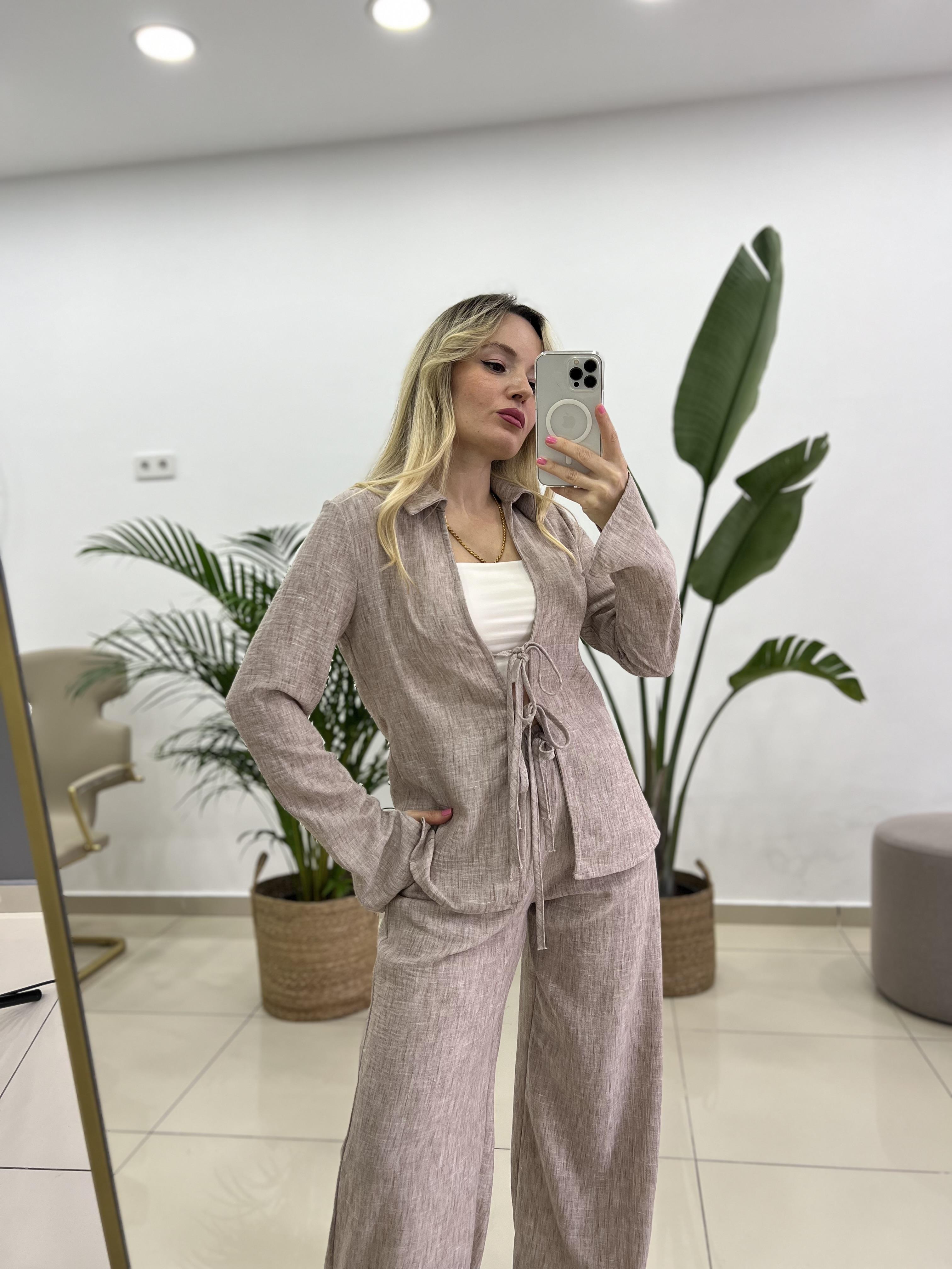 Tilda Bağlamalı Bluz Pantolon Sütlü Kahve Keten Takım