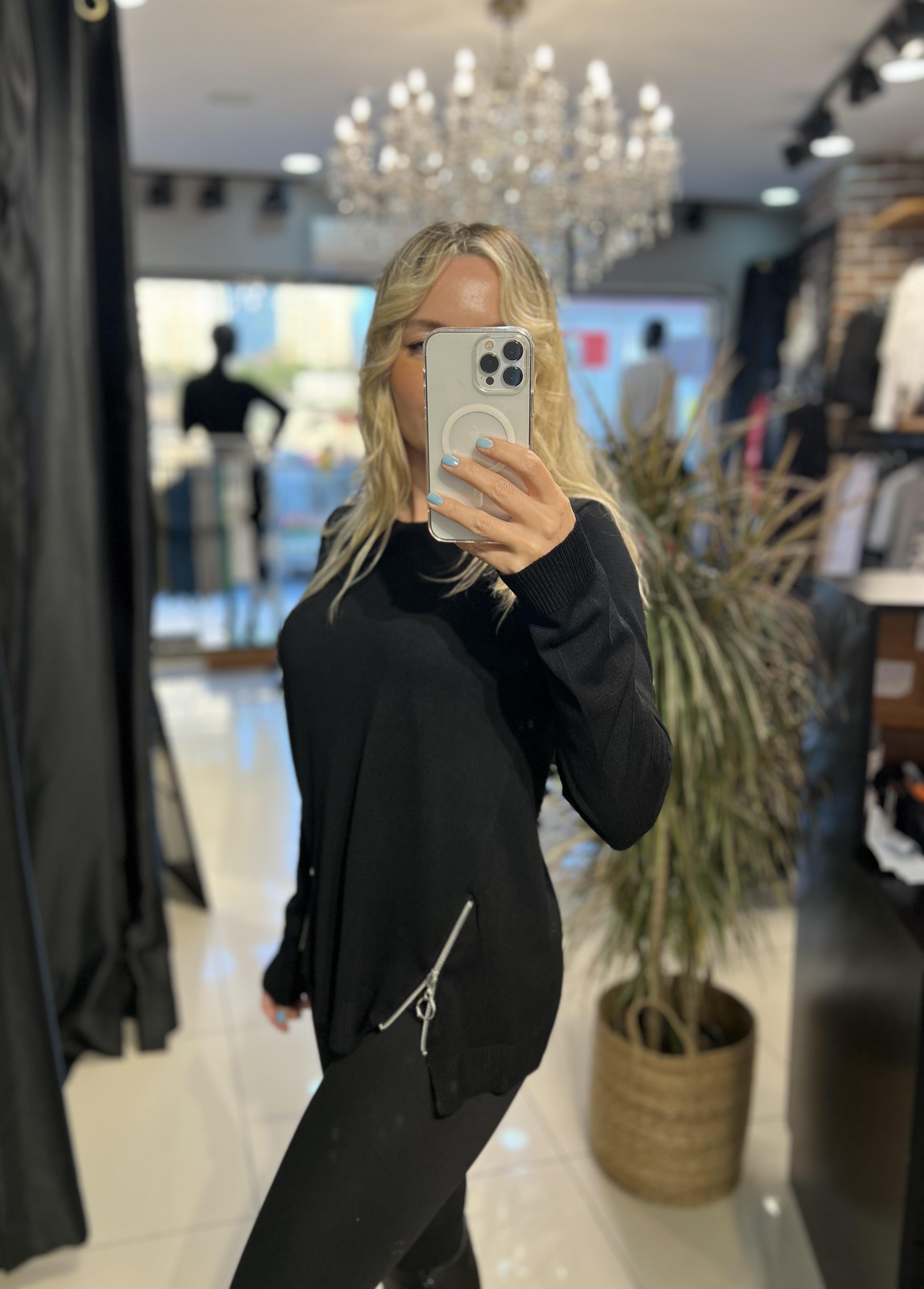 Tok Dokuda Fermuar Aksesuarlı Merserize Siyah Triko 