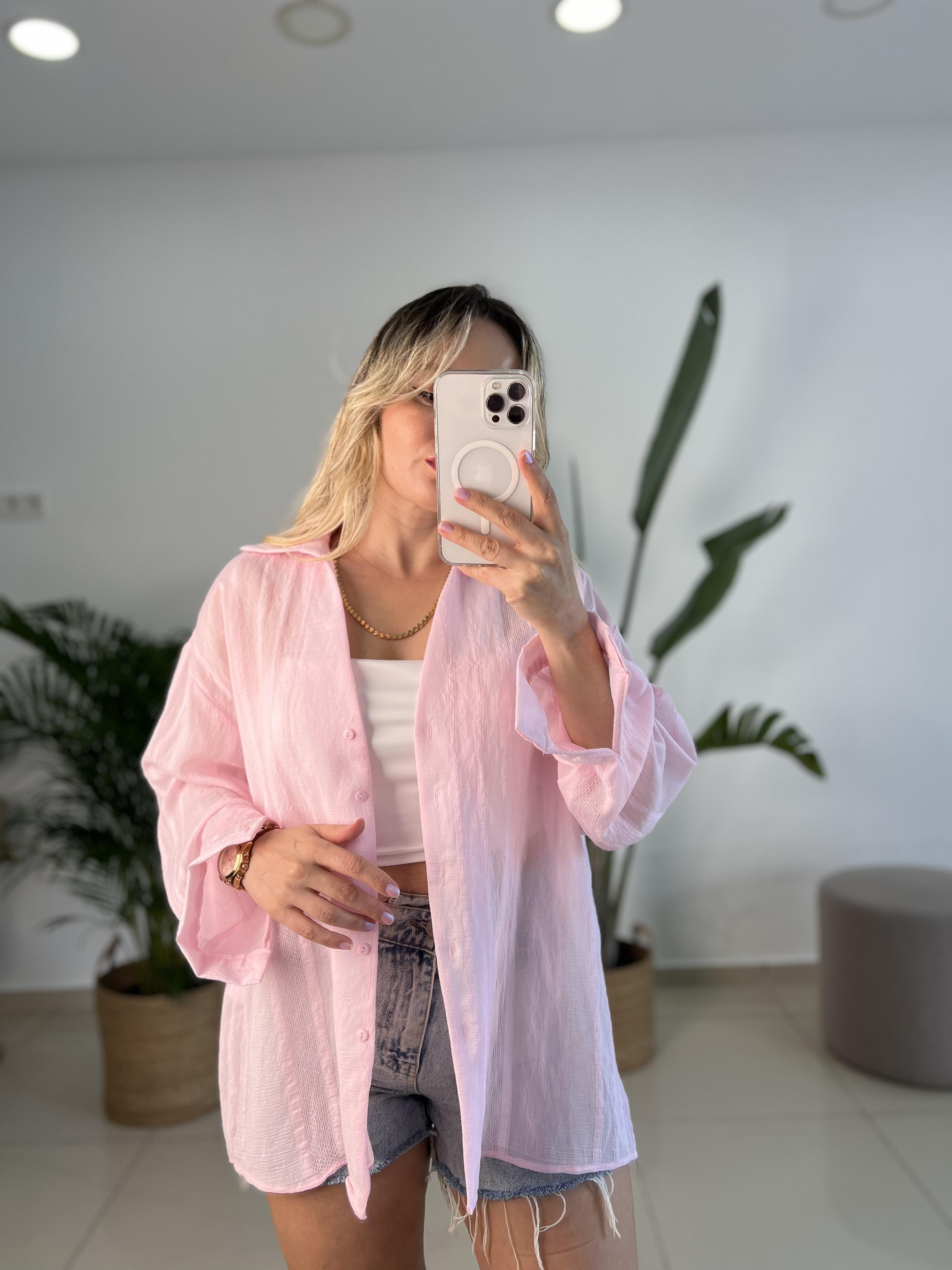Transparan V Yaka Pembe Gömlek