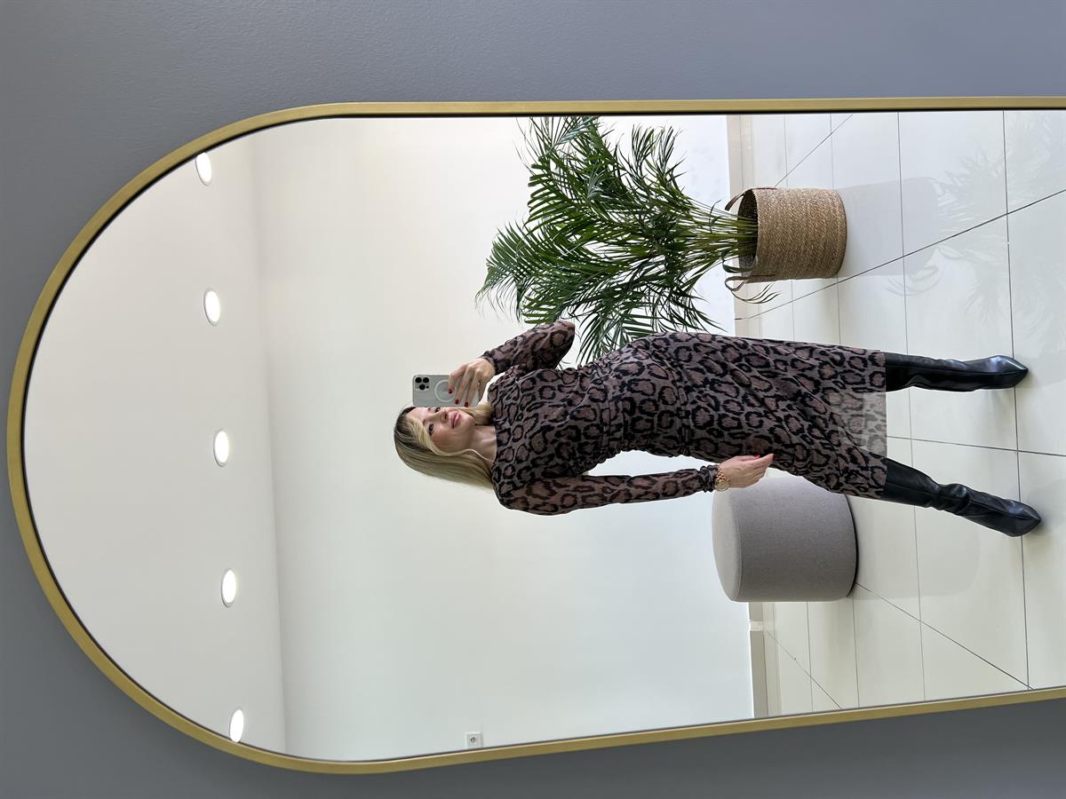 Tül Leopar Desenli Elbise 